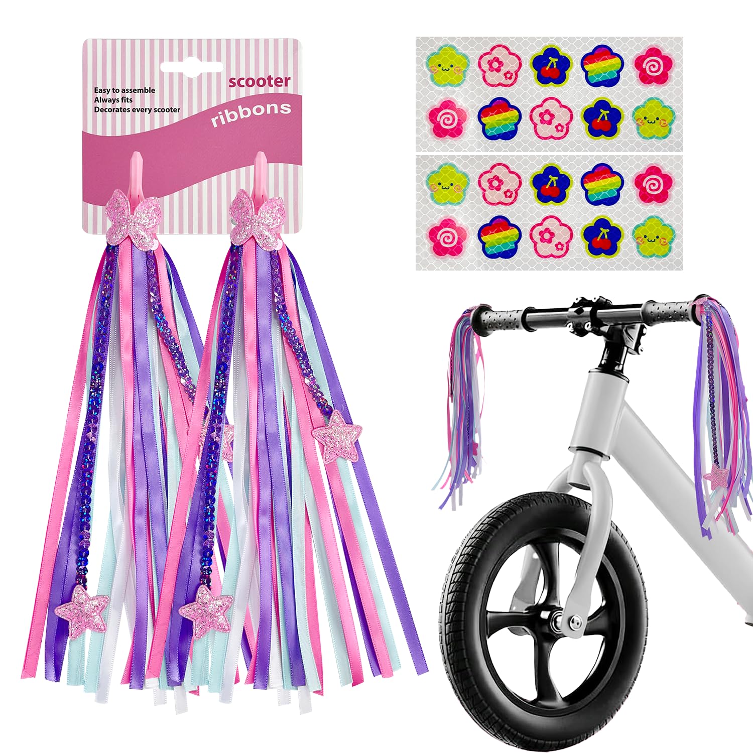 UBRAVE Kid's Rainbow Bike Streamers, Colorful Handlebar Tassels, Bike Accessories Kids, with Cute Safety Stickers, Scooter Bicycle Tricycle Handlebar Streamers Handle Bar Grips, 1Pair, Purple