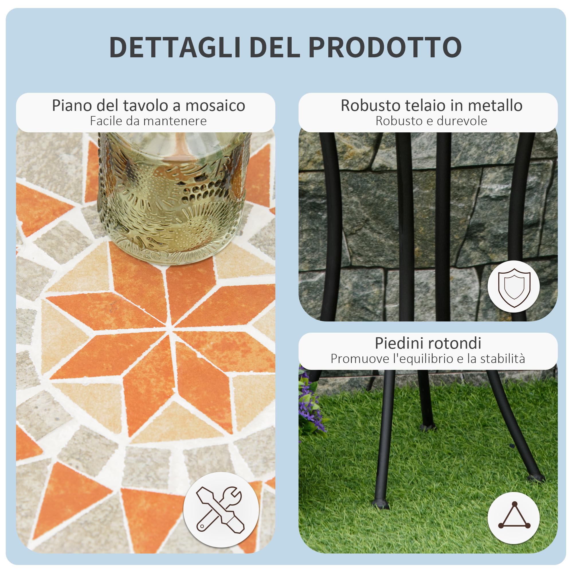 Outsunny Tavolino da Giardino Rotondo Ø35.5x53.5 cm Ceramica Mosaico Metallo Nero Giallo Grigio Bianco