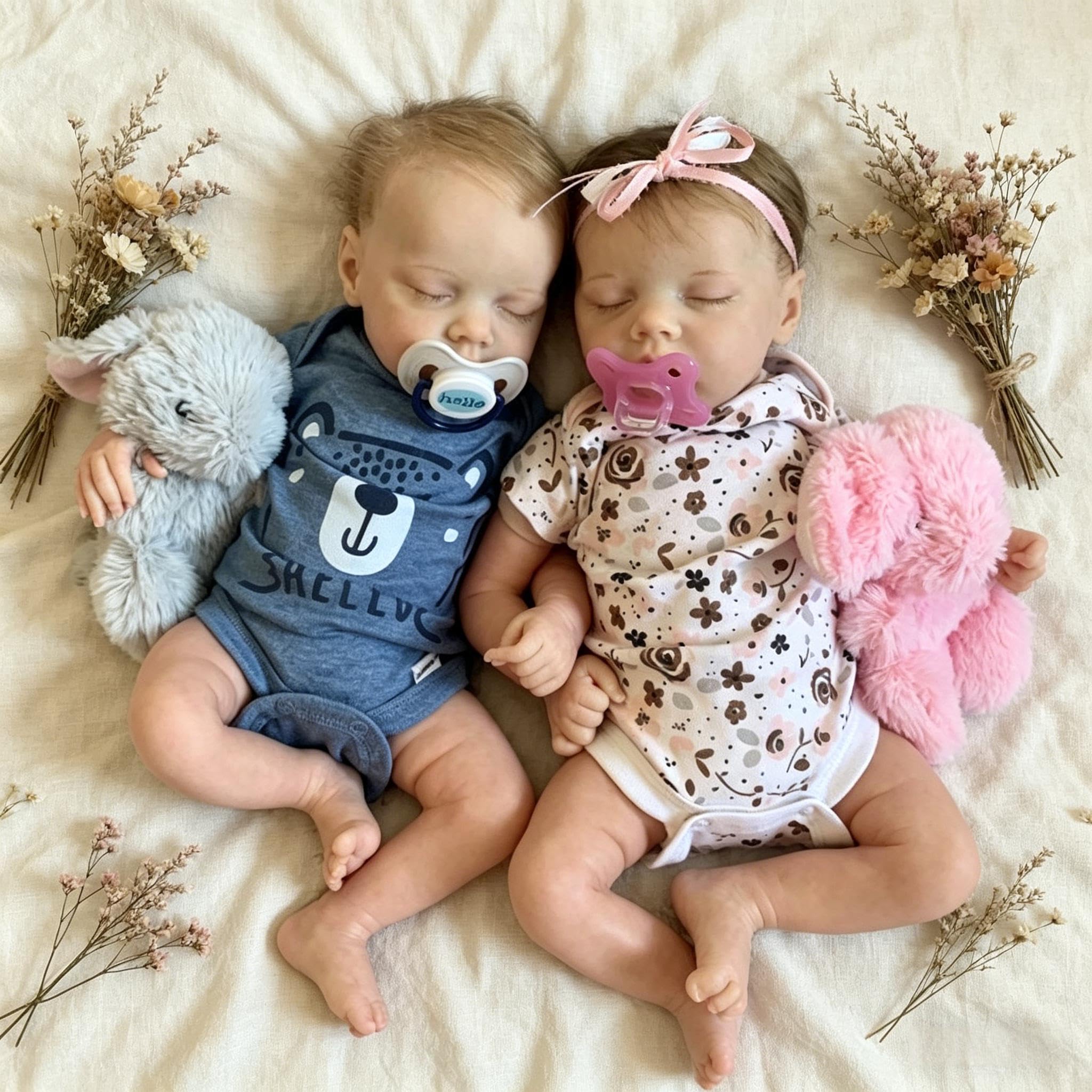 RXDOLL Realistic Reborn Baby Dolls Vinyl Full Body Twins Boy and Girl,18 Inch Lifelike Baby Doll,Full Silicone Baby Dolls Newborn Twins That Look Real with Accessories