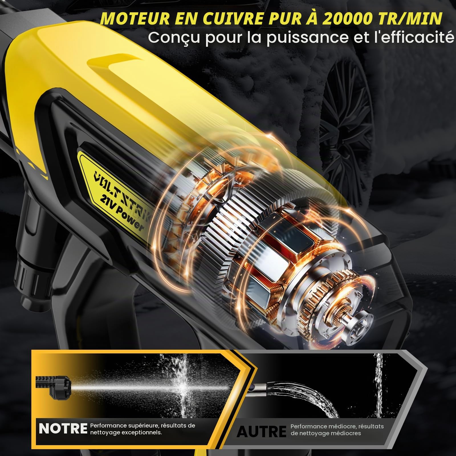 Nettoyeur Haute Pression Sans Fil, VOLTSTRIKE Nettoyeur Haute Pression sur Batterie, Buse 6-en-1, avec 2 Batteries 4,0 Ah, 9 Niveaux de Pression Réglables, pour Jardin, Terrasse et Nettoyage Extérieur