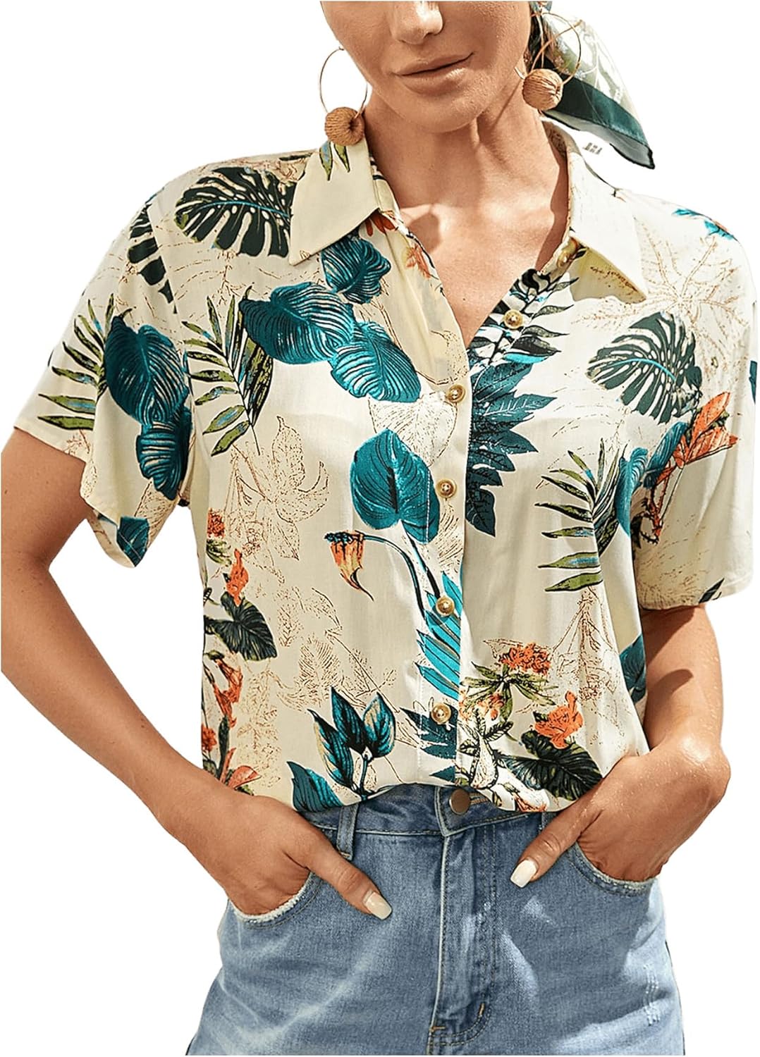 SweatyRocks Women's Short Sleeve Cute Print Button Down Shirt Tops