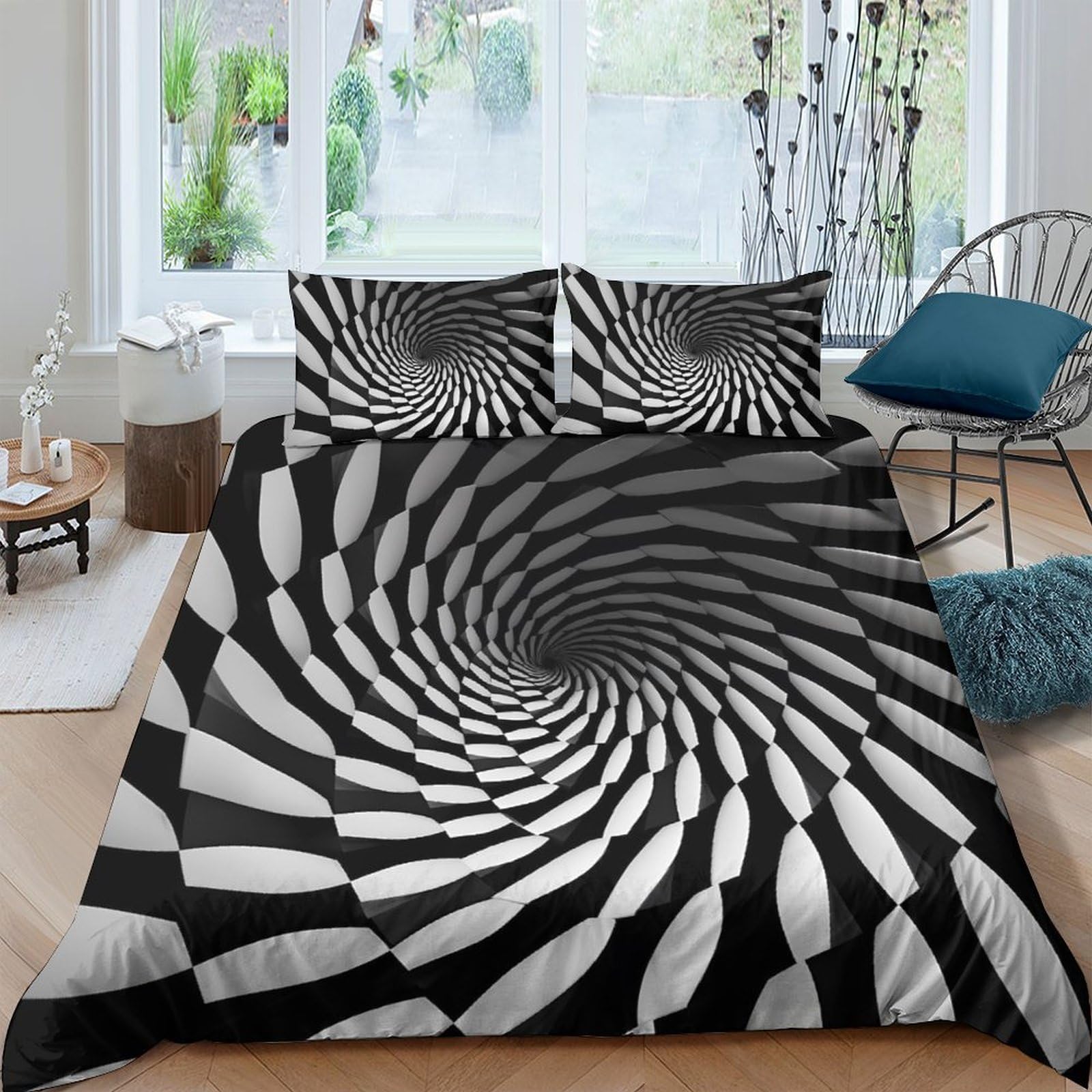 Ctjqhvkz Style-9 3D Printed Optical Illusion Spiral Fitted Sheet Microfiber Soft Black White Abstract Bed Cover For Bedroom Guest Room Mattress Decor Single（135X200cm）