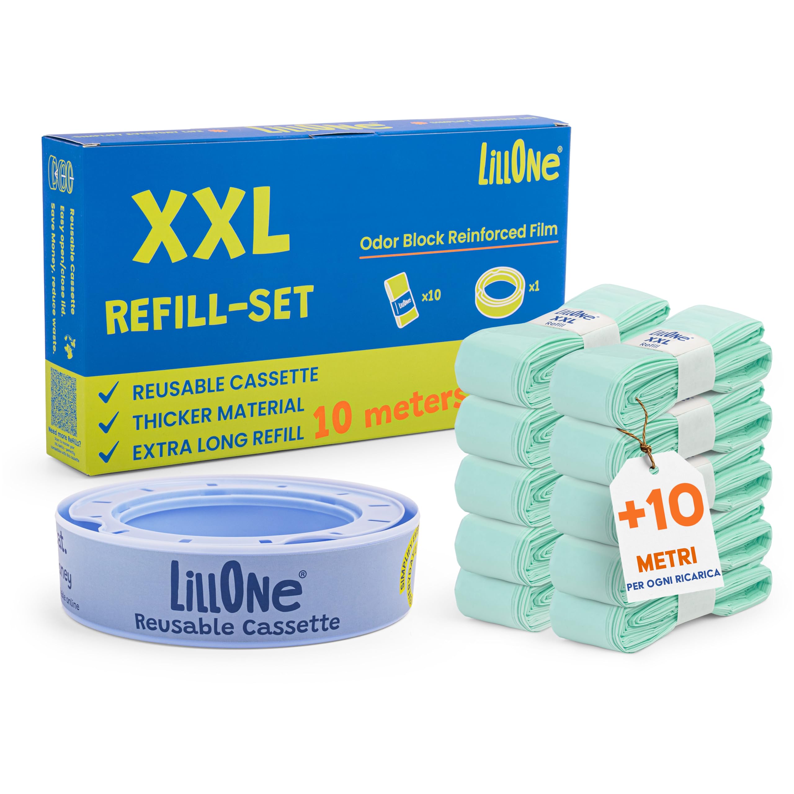 LillOne XXL-SET 10 Ricariche da Oltre 10 Metri + 1 Cassetta Riutilizzabile - Compatibili con Mangiapannolini Maialino Foppapedretti, Angelcare, Munchkin - Extra Lunghe Alta Densità