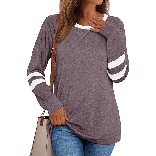 AUTOMET Womens Long Sleeve Shirts Color Block Casual Crewneck Tops Tshirt Basic Tees Fall Fashion Clothes Outfits 2024