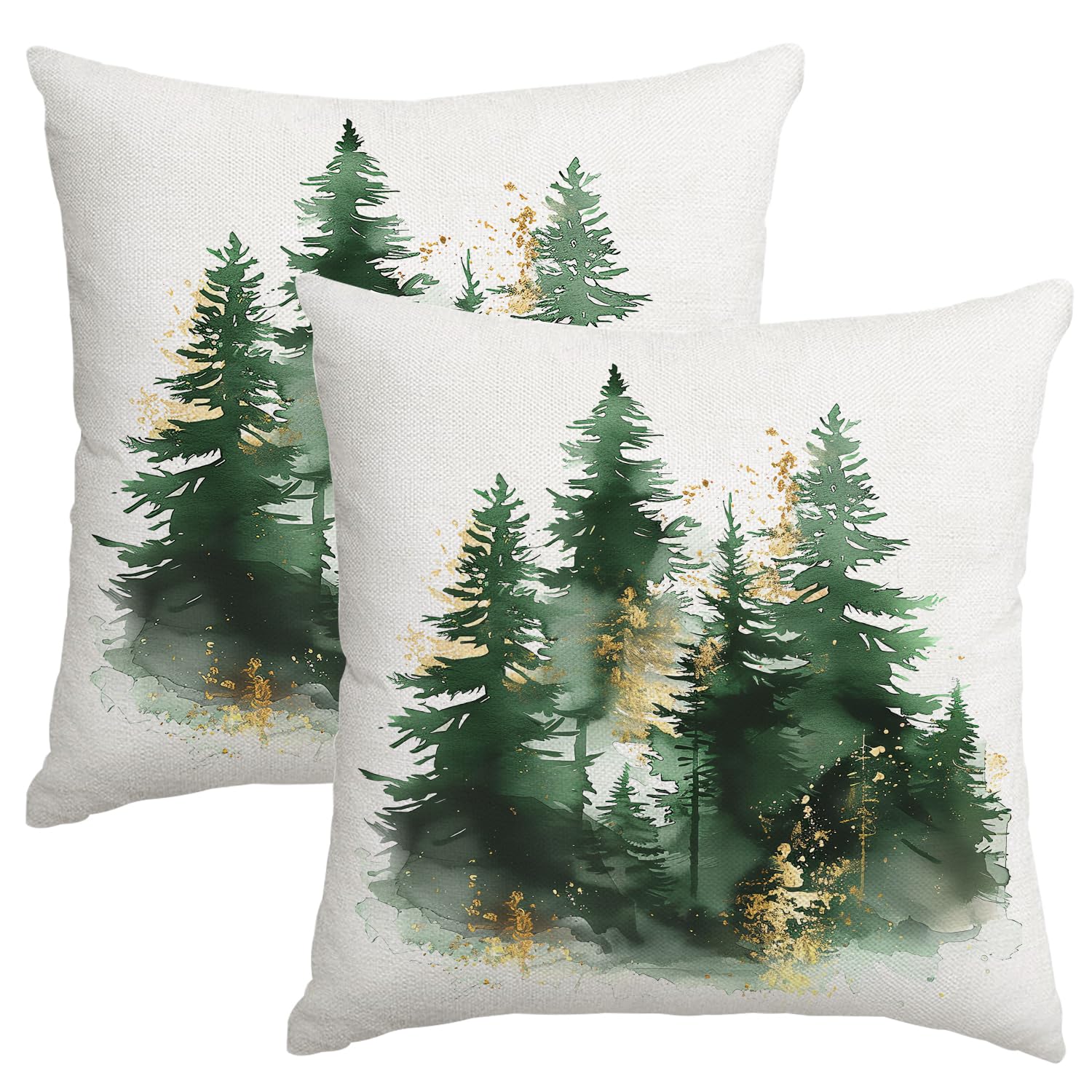 Miaikoe Christmas Cushion Covers 45x45 cm Set of 2 Green Gold Christmas Tree Rustic Decorative Throw Pillows Covers Winter Holiday Decor for Couch Sofa