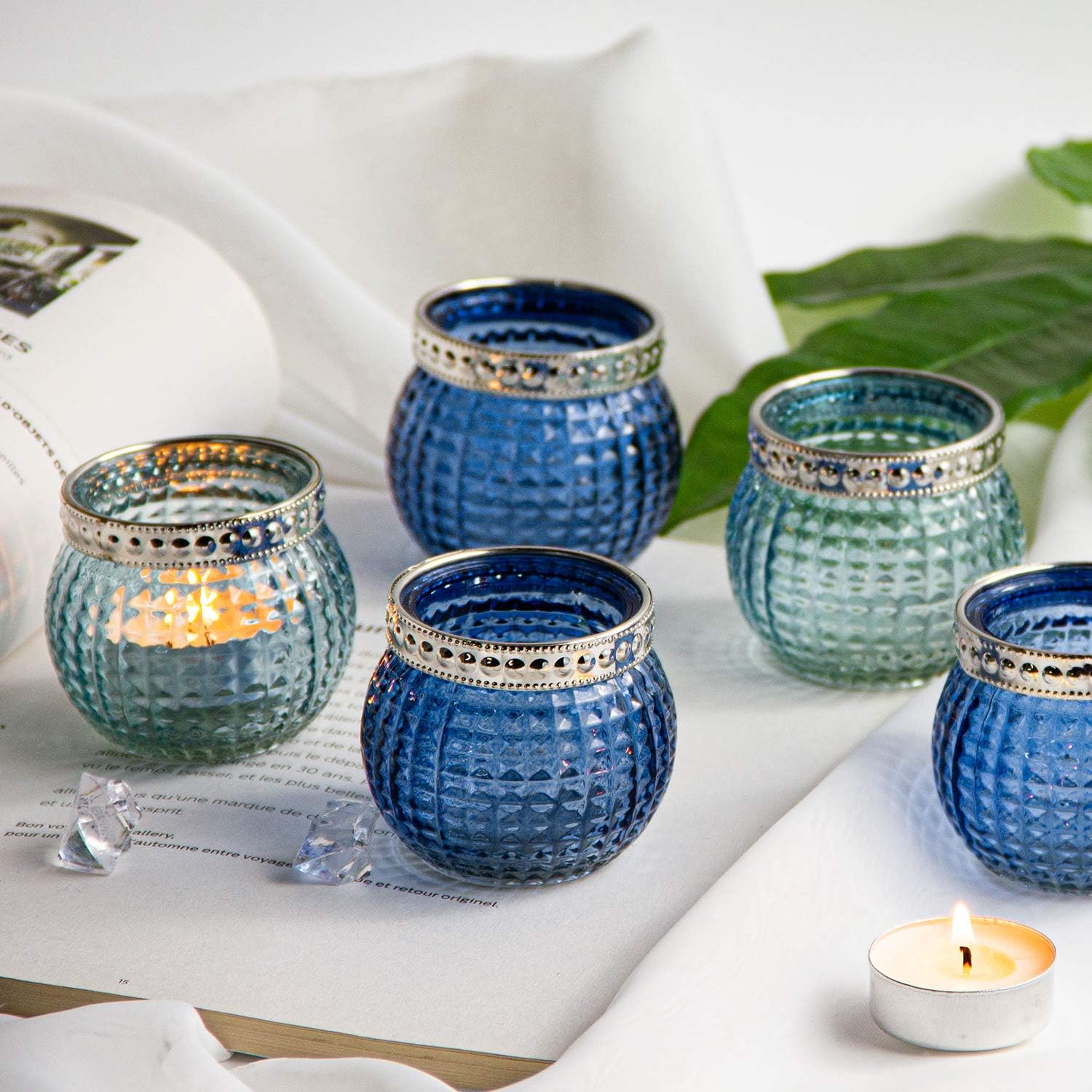 Candle Holder Set of 12, Small Tealight Candle Holder, Vintage Glass Votive Candle Holders for Table Centerpiece Wedding Home Decor Holiday Decor (Blue)