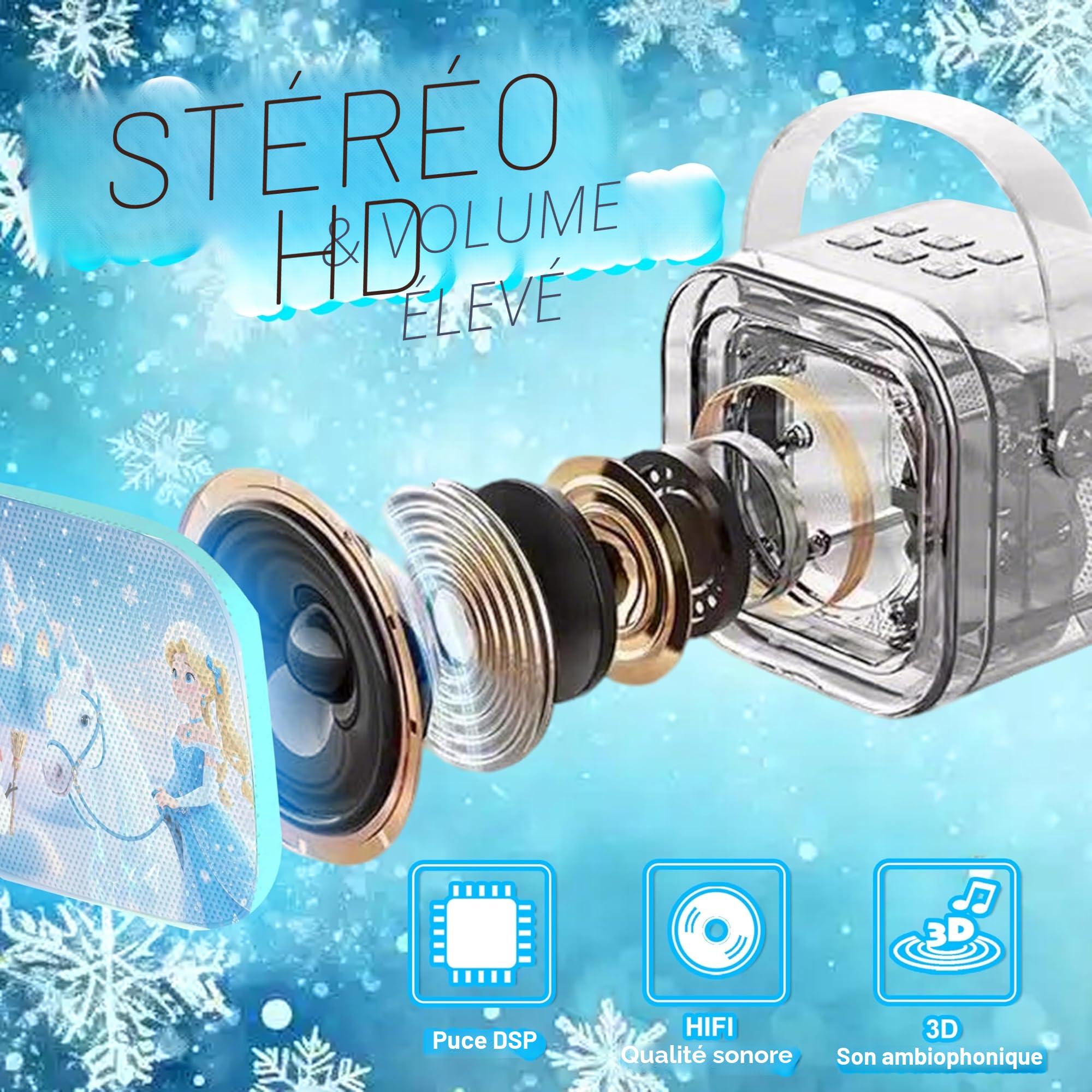 Micro Karaoke Enfant,Enceinte Bluetooth Enfant avec 2 Micros sans Fil,Micro Enfant pour Chanter, Idée Cadeau Fille 3 4 5 6 7 8 9 Ans Anniversaire,Jouet Frozen