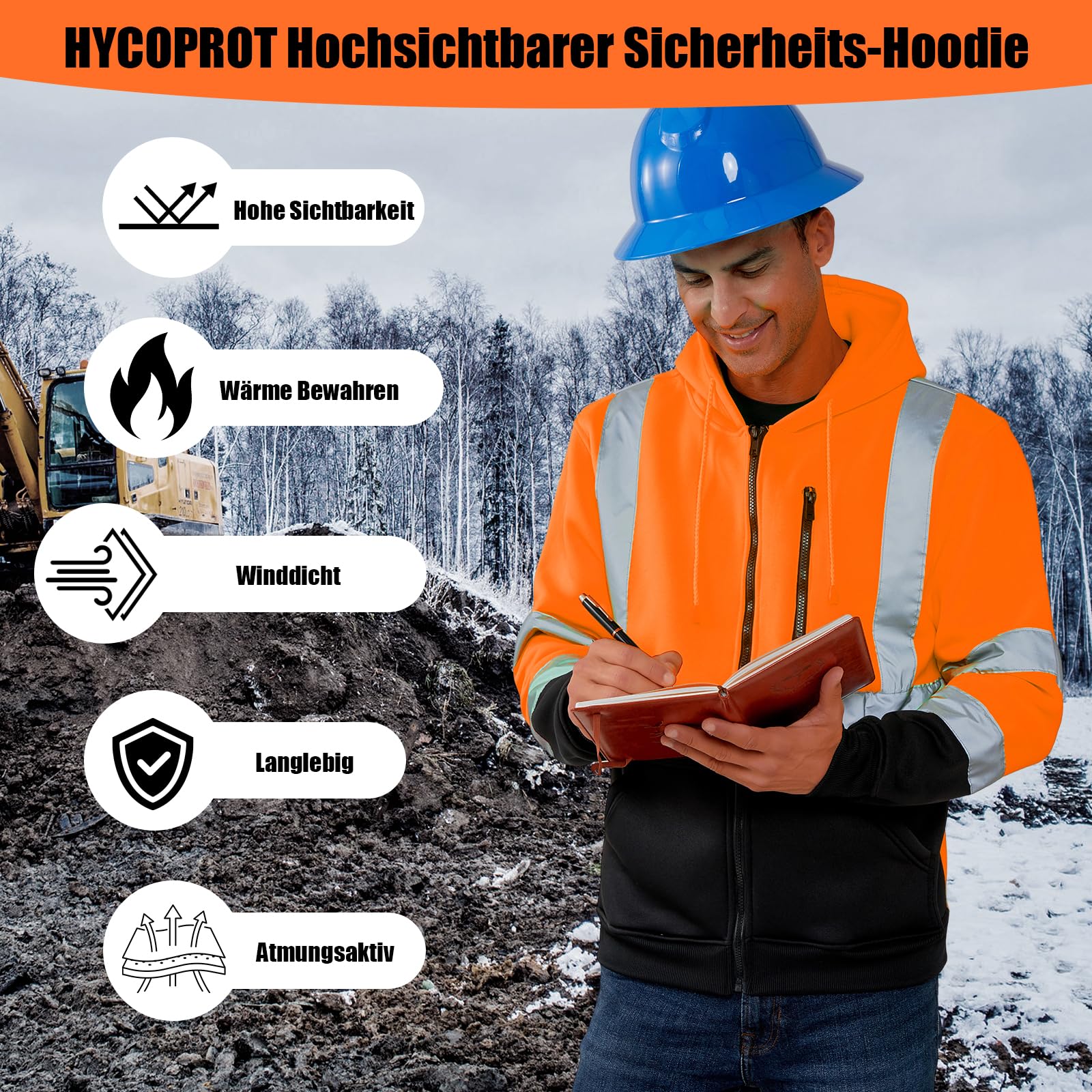 HYCOPROT Hochsichtbarer Sicherheits Hoodie Hi Vis Sweatshirts Fleece Leichte Reflektierende Arbeitsjacke Taschen Sicherheitsmantel mit Reißverschluss mit Kordelzug für Männer und Frauen EN ISO 20471