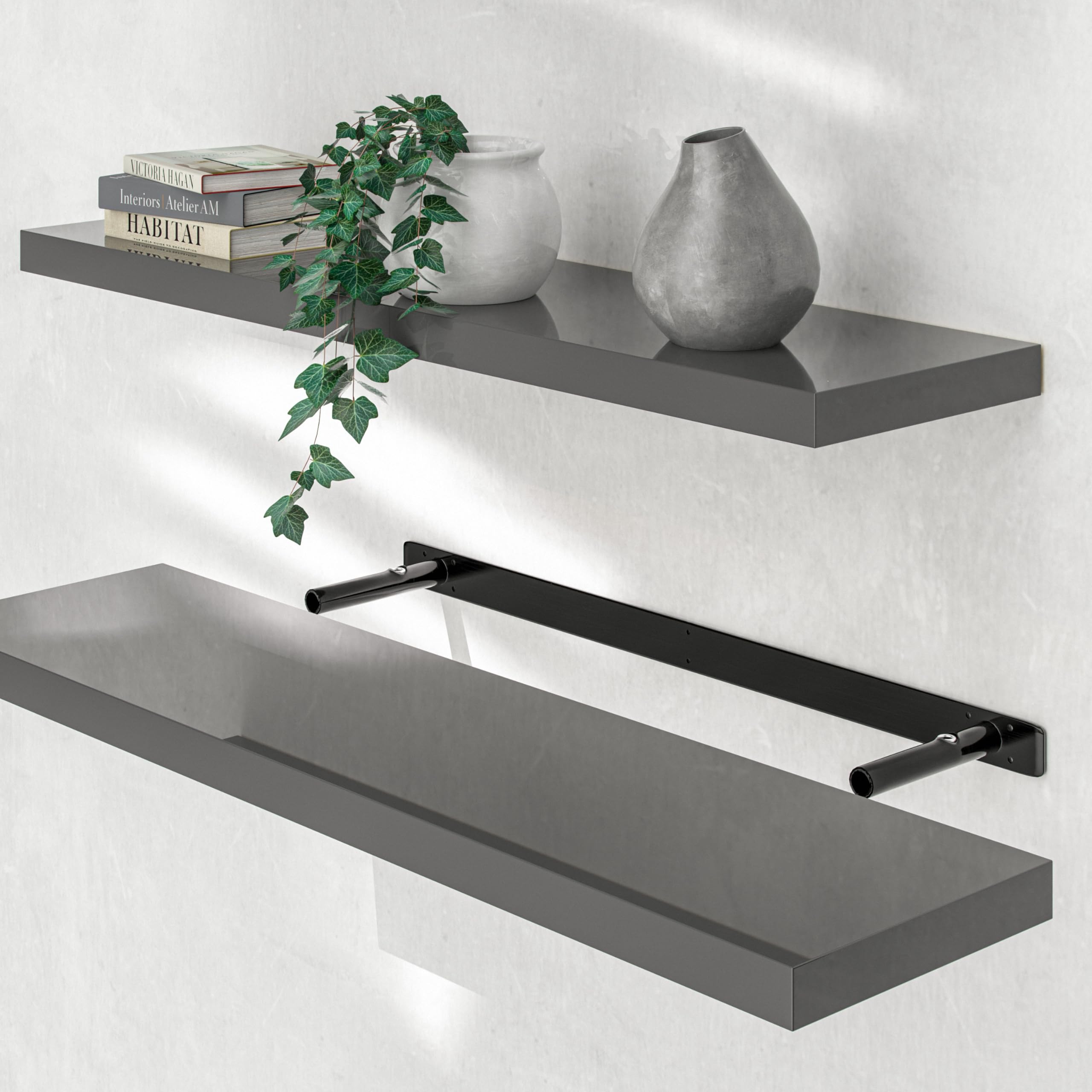 Casaria® Wandregal Holz Grau Regal mit Halterung 15kg Tragkraft Hängeregal Küche Wohnzimmer Flur Wand Schweberegal Bücherregal Regalbrett Schwebend Hochglanz 90cm