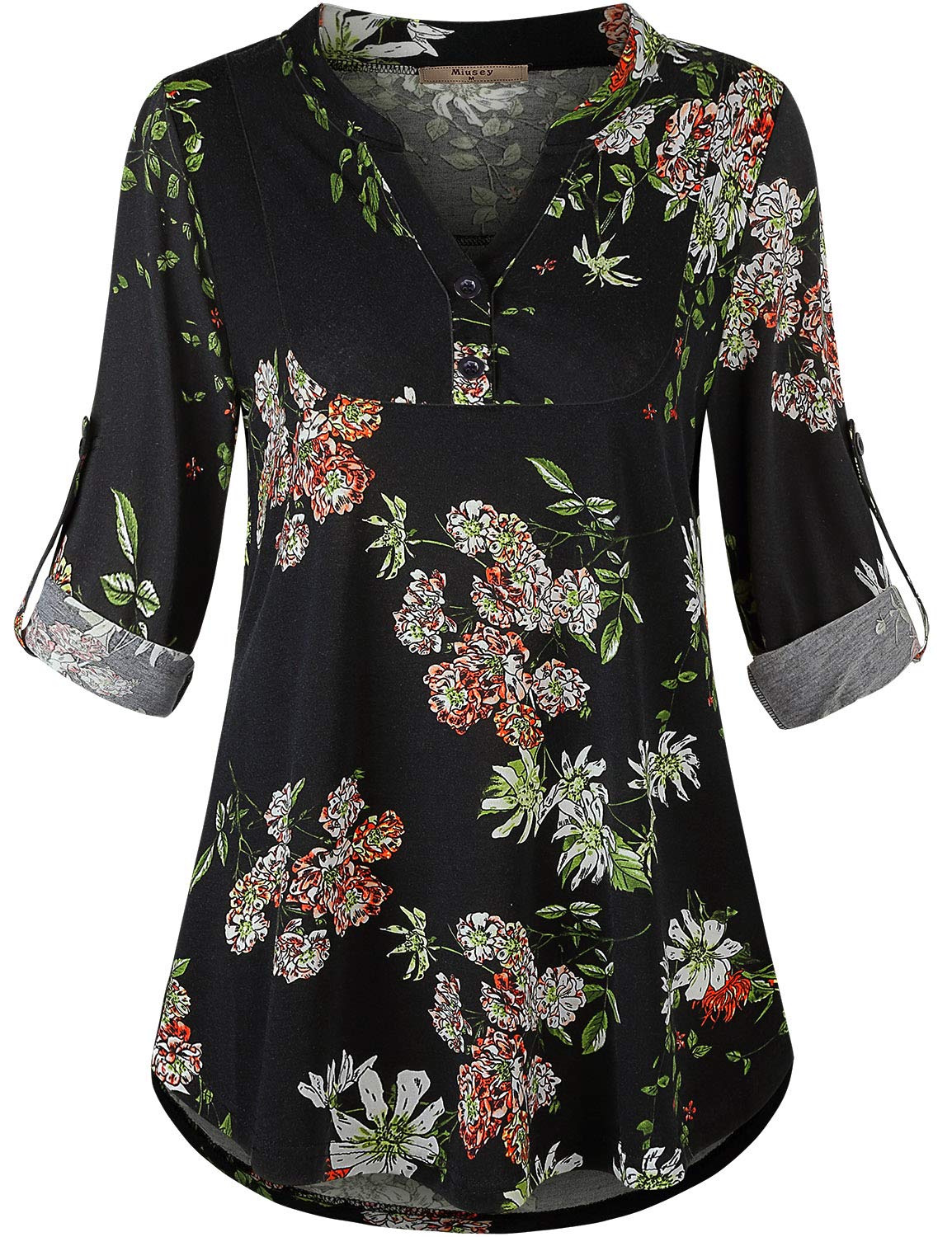 MiuseyWomens Buffalo Plaid Roll Sleeve V Neck Flowy Loose Tunic Blouse