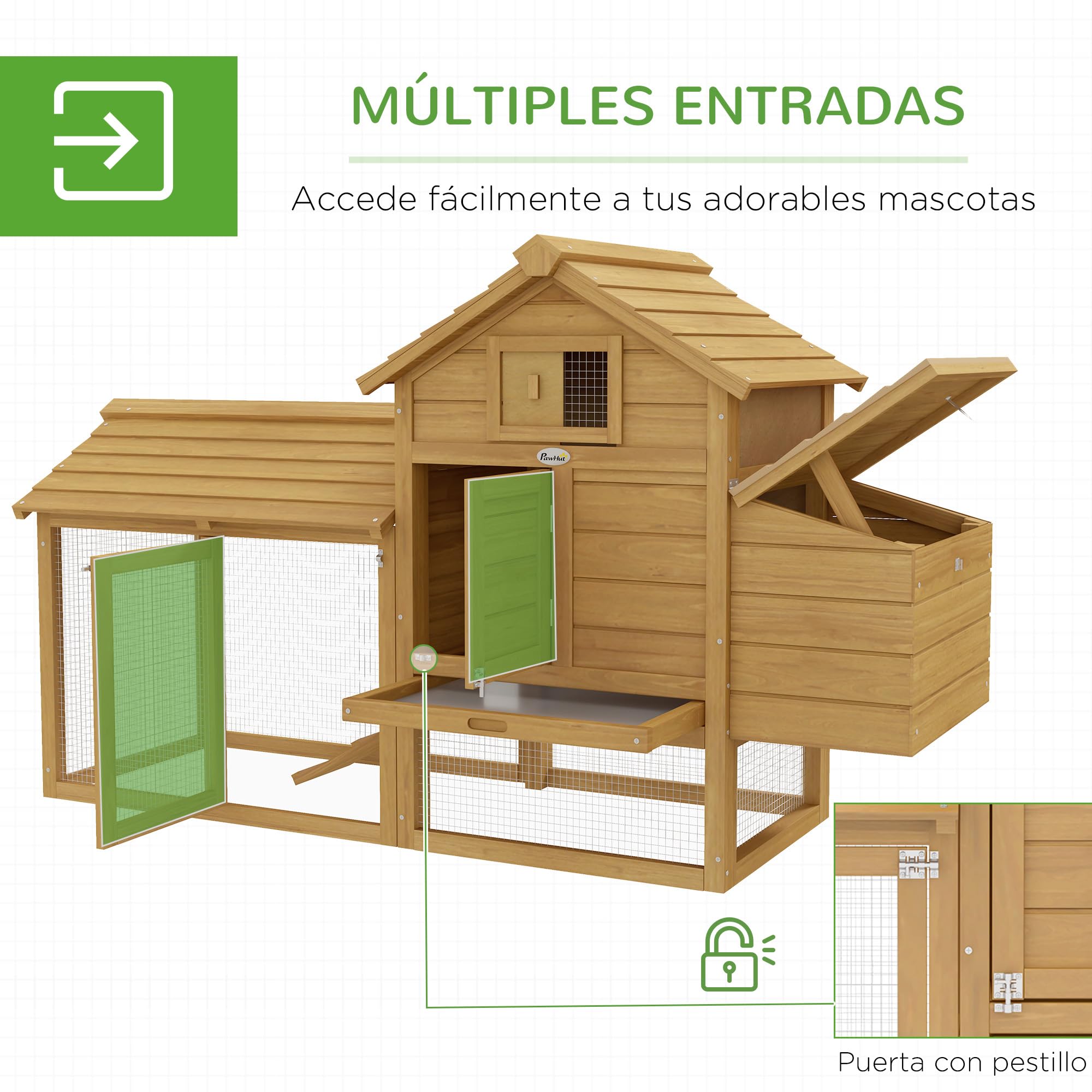 PawHut Gallinero de Madera para Exterior XXL con 2 Corrales, Caja Nido, Bandeja Extraíble 151,5x54x87 cm