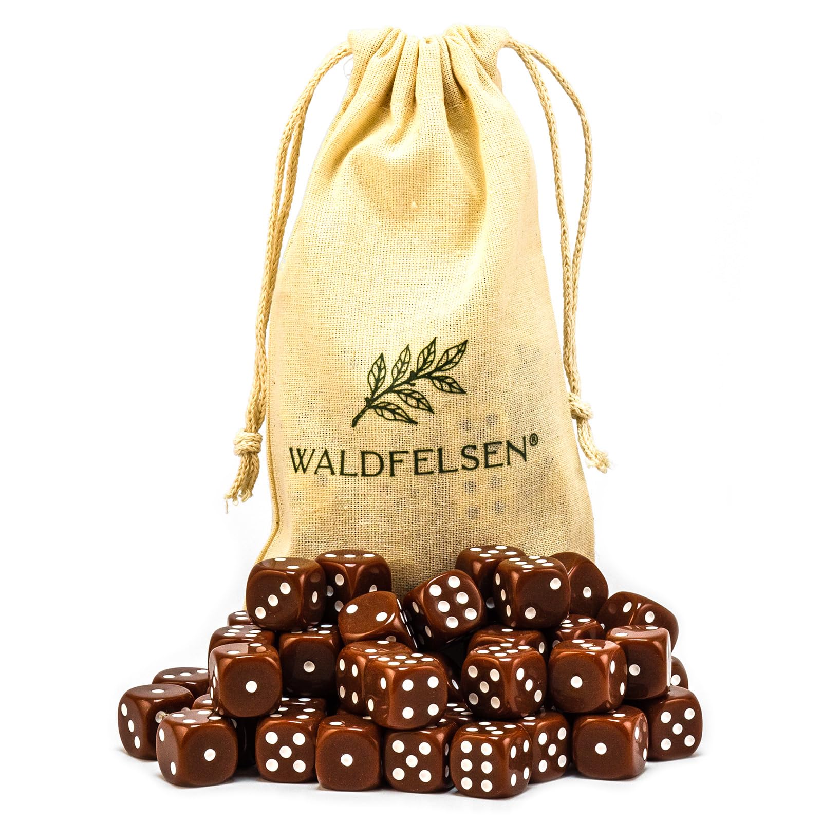 Waldfelsen® High-Quality Dice 6, 12, 20, 30 or 50 Standard Size 16 mm Acrylic Dice Puzzle Play Cube Dice 6-Sided Six Sided Play Accessories Set with Fabric Bag (Brown, 50 Pieces)