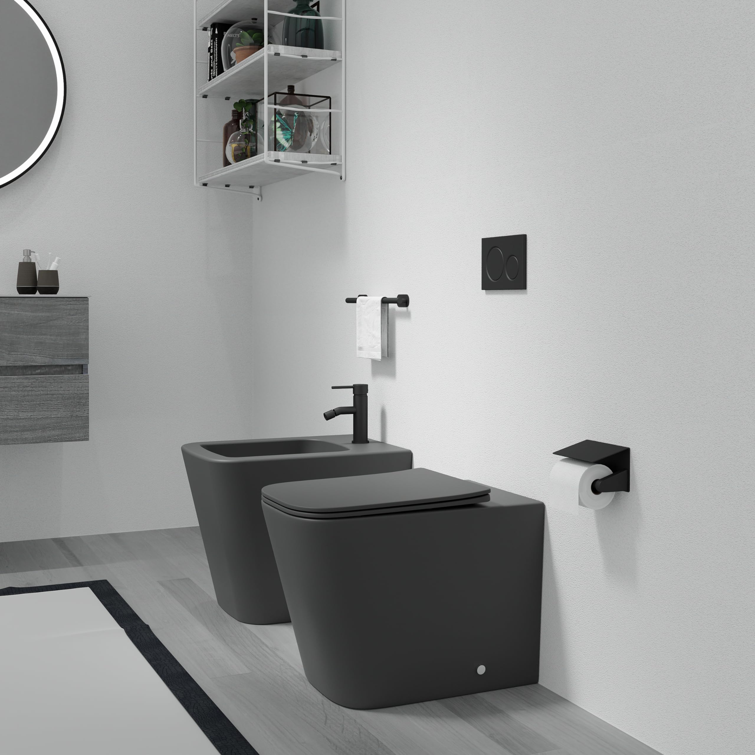 Sanitaires en céramique filomure gris mat cuve sans rebord bidet siège soft-close fermeture lente modèle Londra