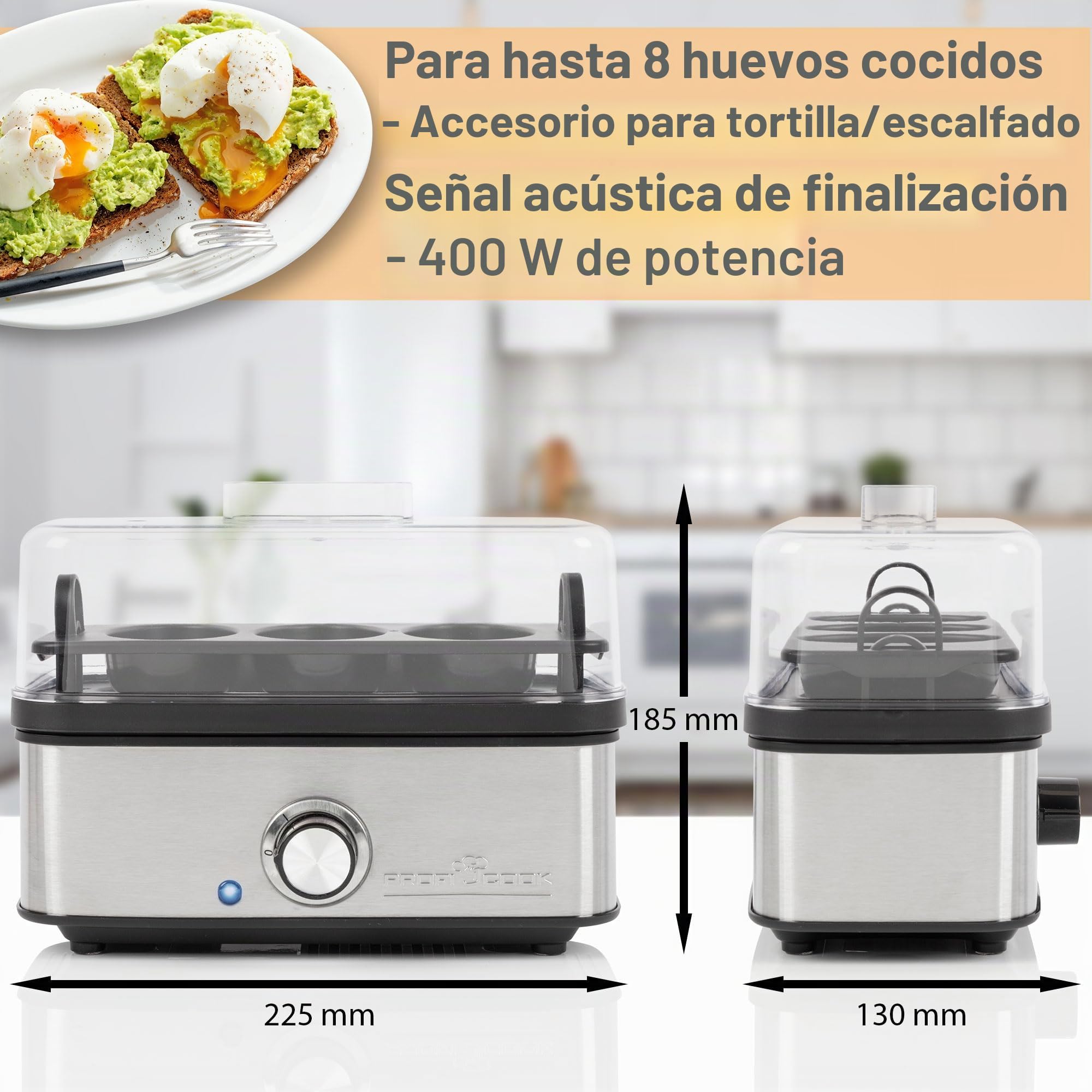 Cocedor de huevos ProfiCook® para hasta 8 huevos | función tortilla/picado | soporte para huevos y vaso medidor con recogedor de huevos | con indicador luminoso y zumbador | PC-EK 1275