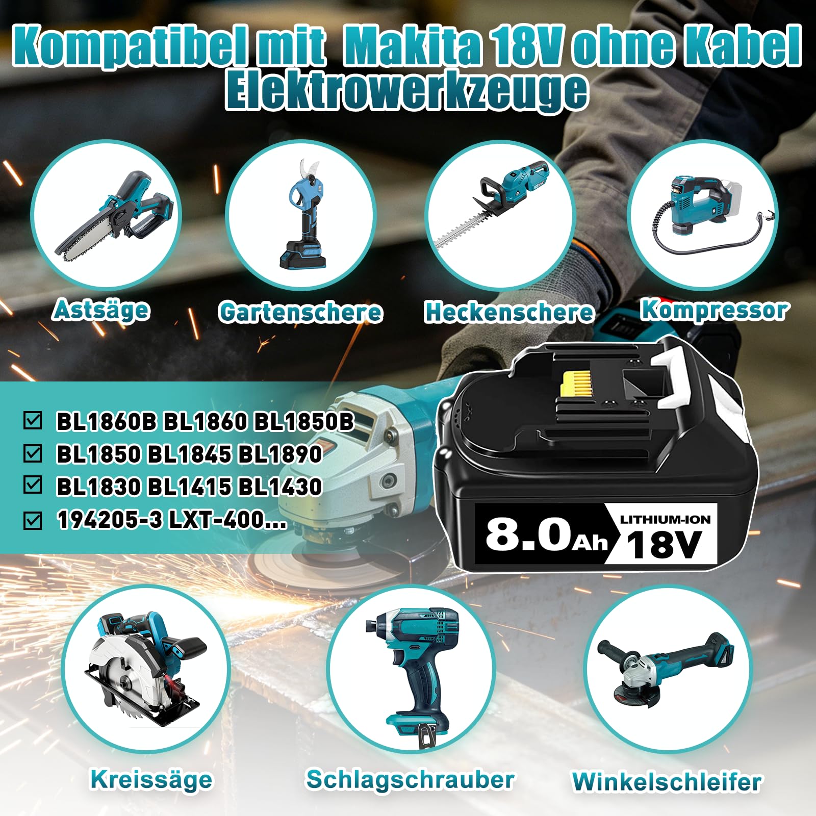 6 Stück 8.0 Ah/8000mAh Ersatzakku für Makita Akku 18v mit Ladegerät DC18RD,Li-ion Akku für Makita Akku BL1860B BL1860 BL1850B BL1850 BL1845 BL1890 BL1830 BL1415 BL1430 194205-3 LXT-400