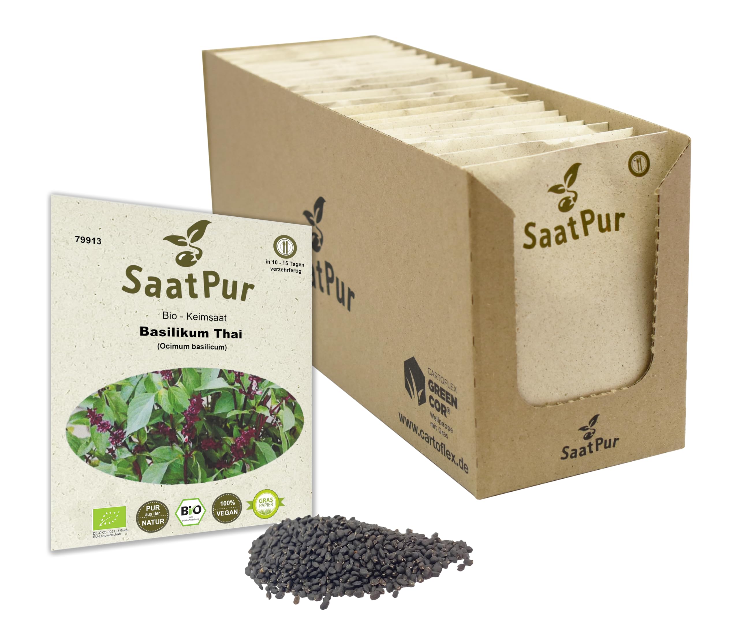 Bio Sprossen Samen Basilikum Thai - 100% Bio Keimsprossen - Microgreens mit hoher Keimkraft - Großes Tray mit 100 Portionstüten je 5g