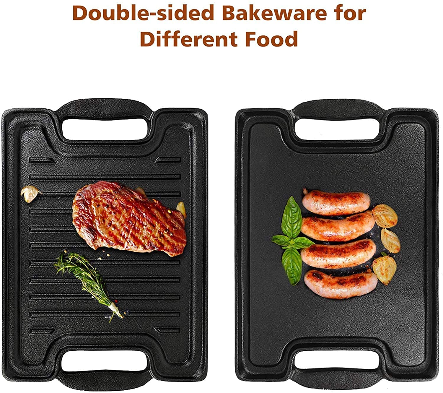 Gusseisen-Grillplatte 50,8x25,4 Cm – Wendbar Mit Glatter & Geriffelter Seite, Inkl. Burgergewicht & Schaber