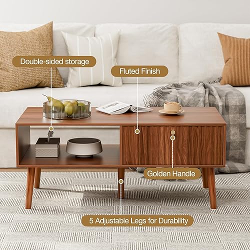 Miniatura 3 de Mesa de centro con almacenamiento, mesa de comedor de mediados de siglo con cajón acanalado y patas de madera maciza, mesas de centro pequeñas para