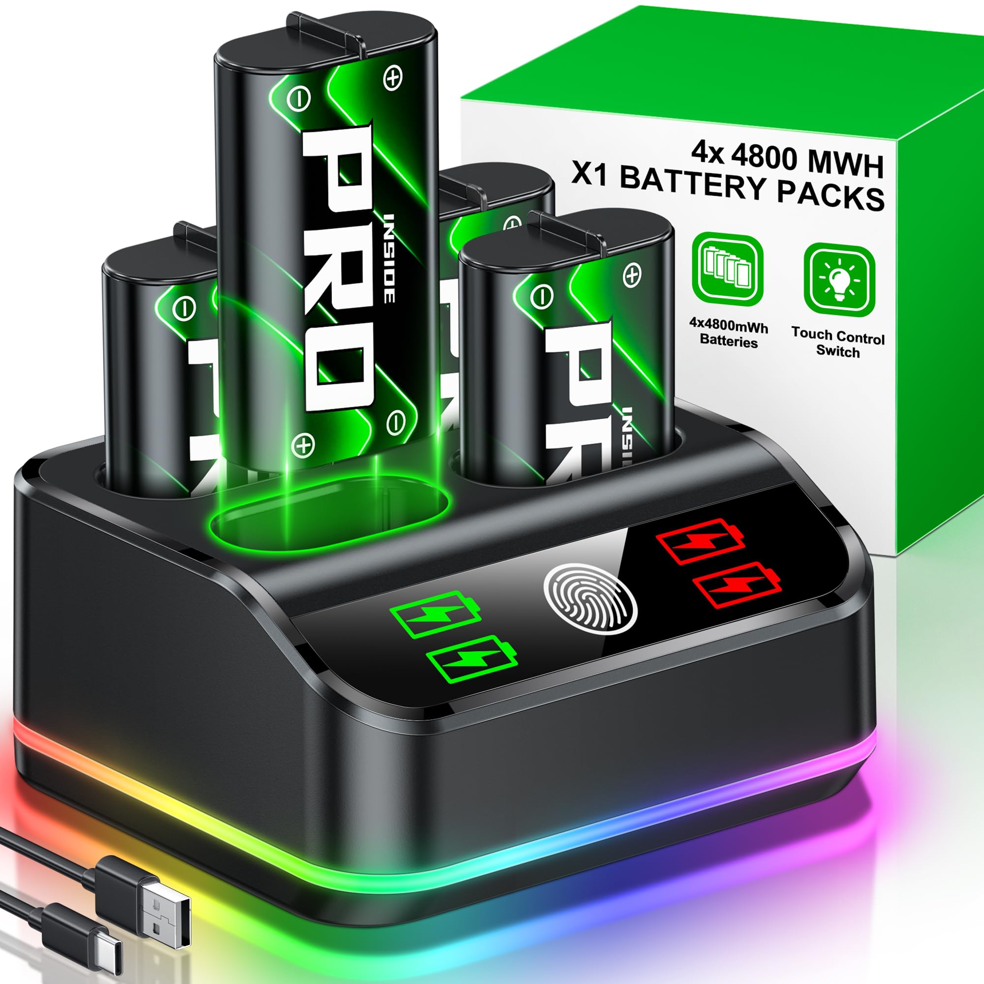 HELLCOOL 4 pilas de 4800 mWh para controlador Xbox One/Series X&S, estación de carga para controlador Xbox con luz RGB y indicadores de carga LED, batería compatible con Xbox Series X/S, Xbox One S/X
