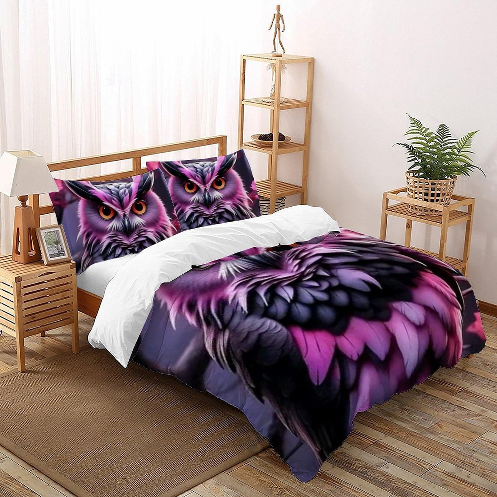 Parure de couette hibou rose et violet 200x200 avec 2 taies d'oreiller