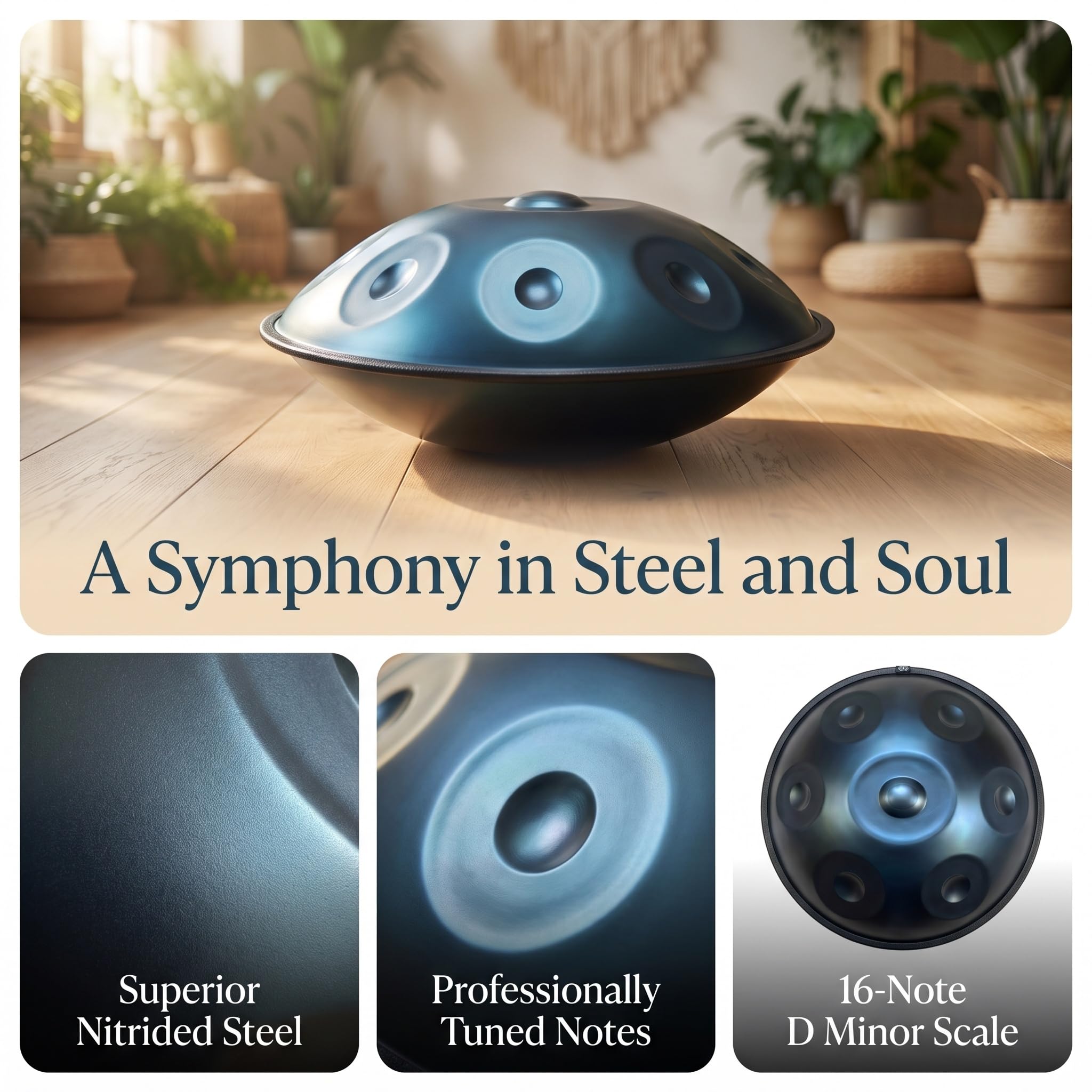 Handpan, Tambour En Acier De 56 Cm (22 Pouces) En Ré Mineur, 16 Notes, 440 Hz, Avec Housse Souple, Maillet Et Support. Percussions En Acier Accordées À La Main Pour La Méditation, Le Yoga Et La