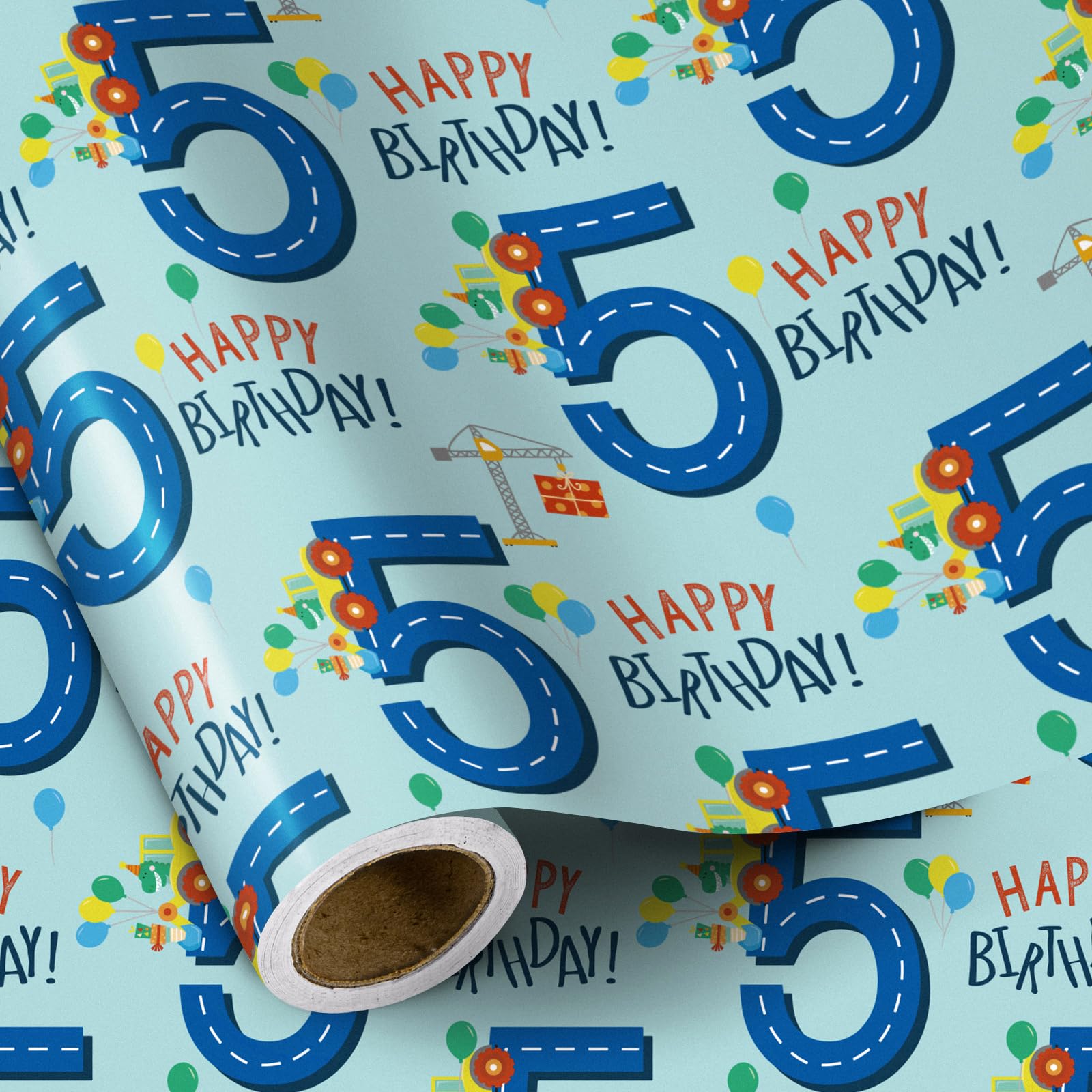 RUSPEPA Birthday Wrapping Paper for Boy - Mini Roll - Dinosaur Truck Happy Birthday Design - 43.2cm x 5m - 5 Year Old