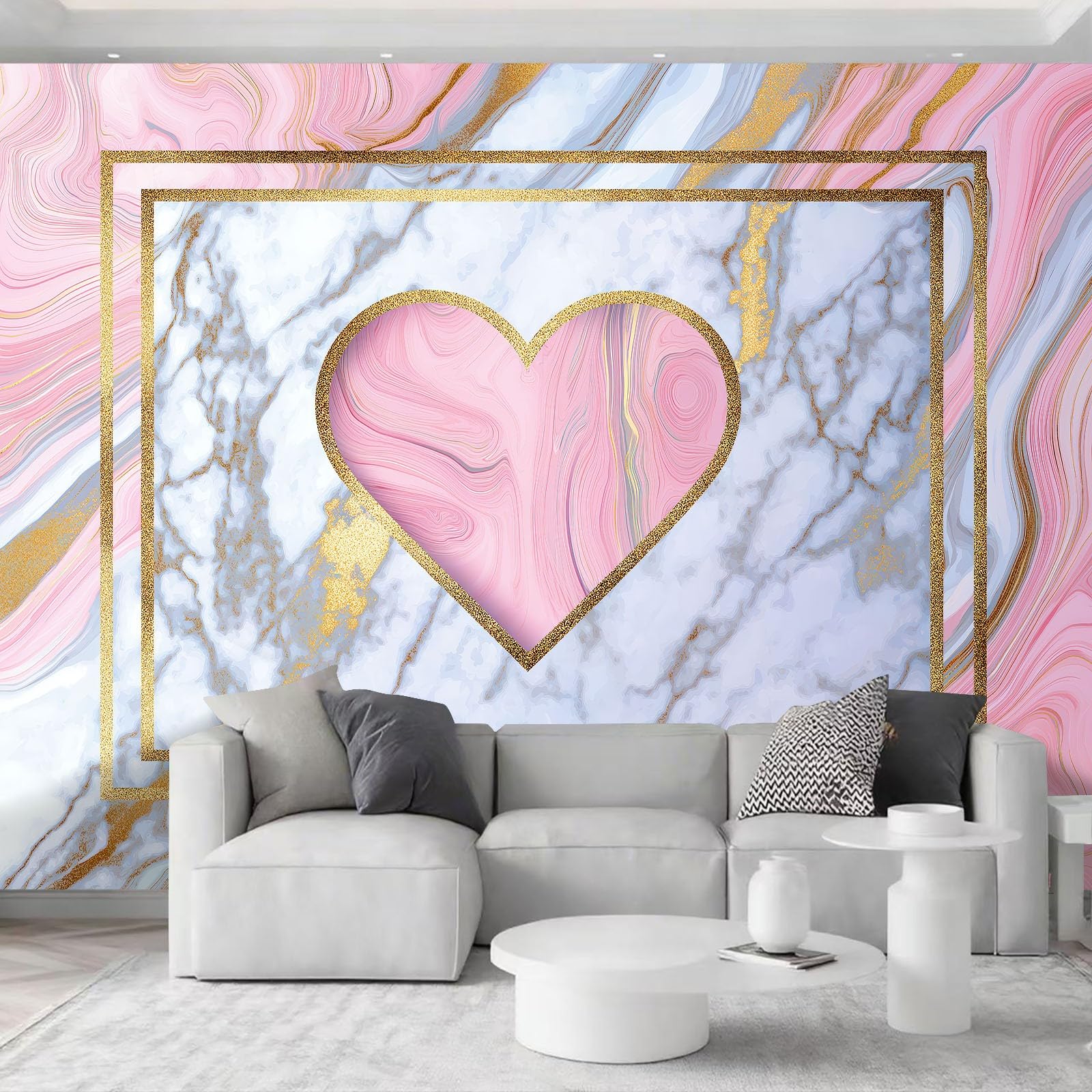 Carta da parati murale 3D con foto panoramica in marmo con motivo a cuore rosa, sfondo rosa, decorazione per interni, 450 x 280 cm, effetto 3D, poster decorazione per camera da letto e soggiorno