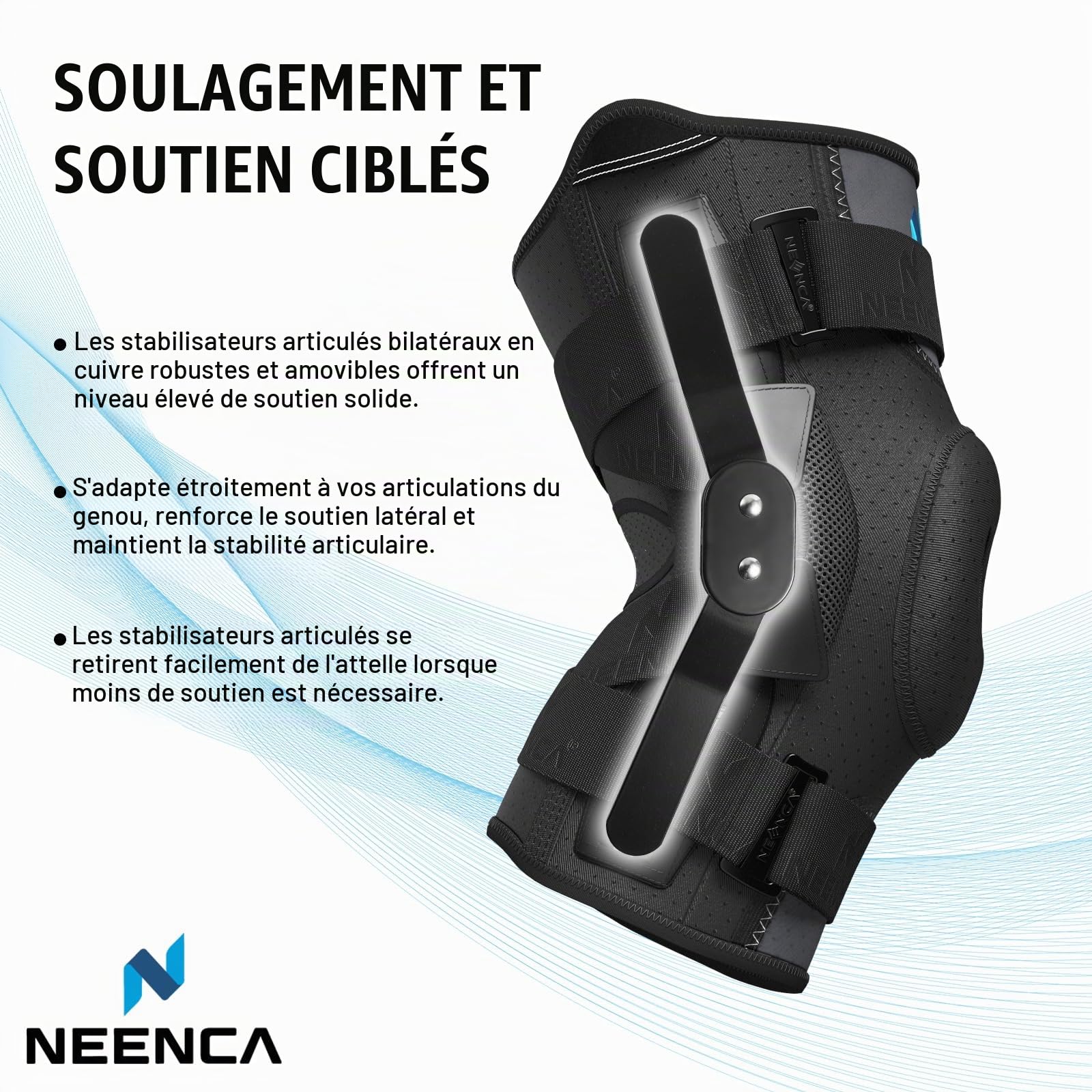 NEENCA Genouillère à charnière,Genouillère pour homme et femme - Genouillère ouverte pour douleurs au genou,gonflement,arthrite, soulagement des douleurs articulaires,ACL,PCL,MCL (Noir, M)