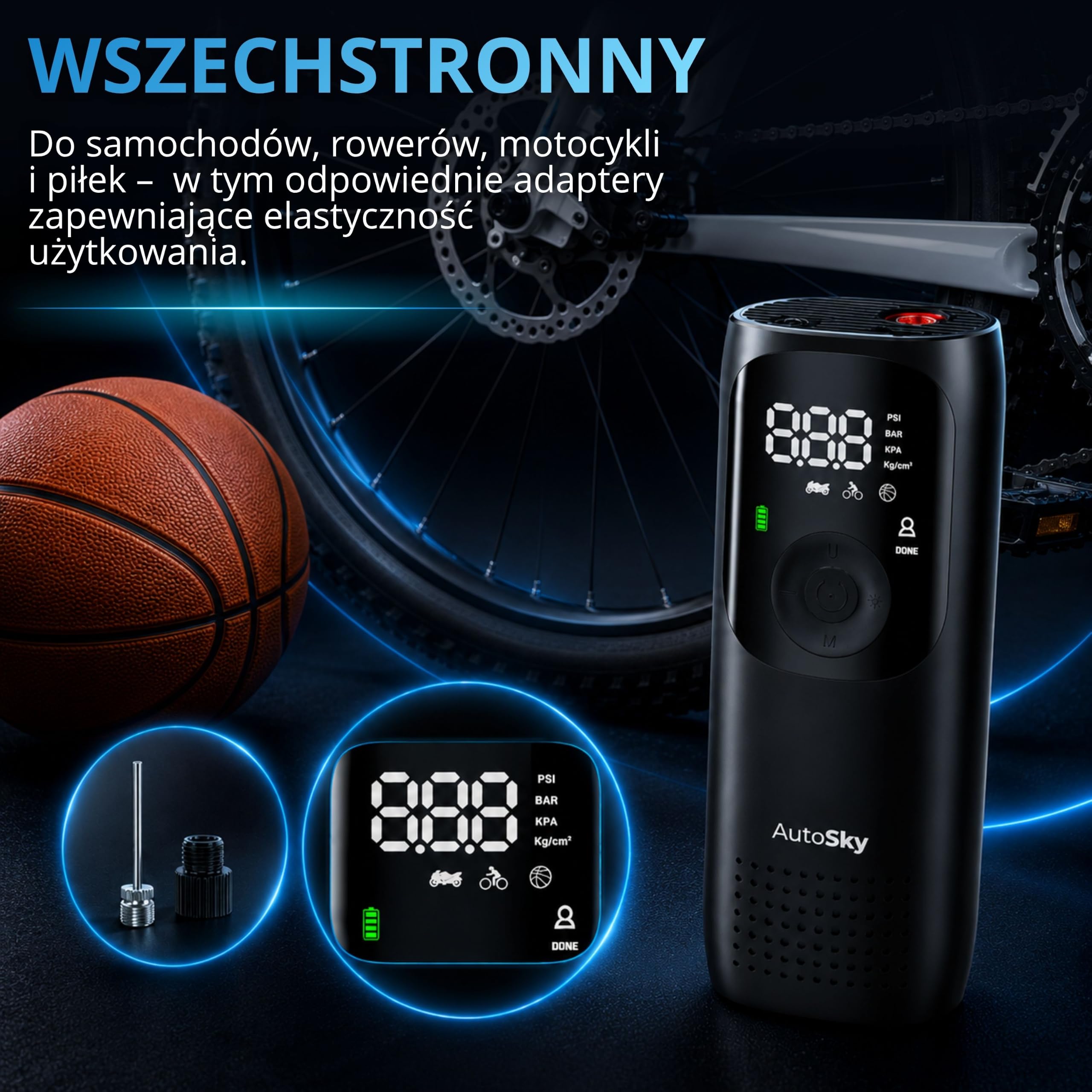 AutoSky Przenośna pompka do opon i sprężarka powietrza – elektryczna pompka powietrza do samochodu, motocykla, roweru i piłek, z powerbankiem i latarką LED, kompaktowa i mobilna