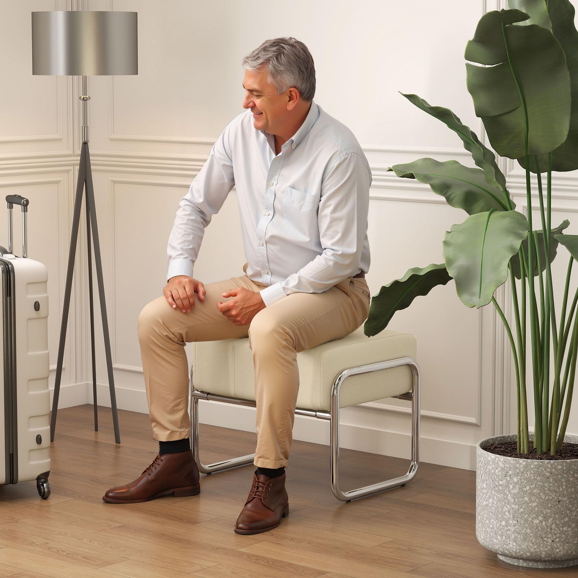 HOMCOM Fußhocker Dick Gepolstert mit Stahlbeinen Chenille-Stoff Beige