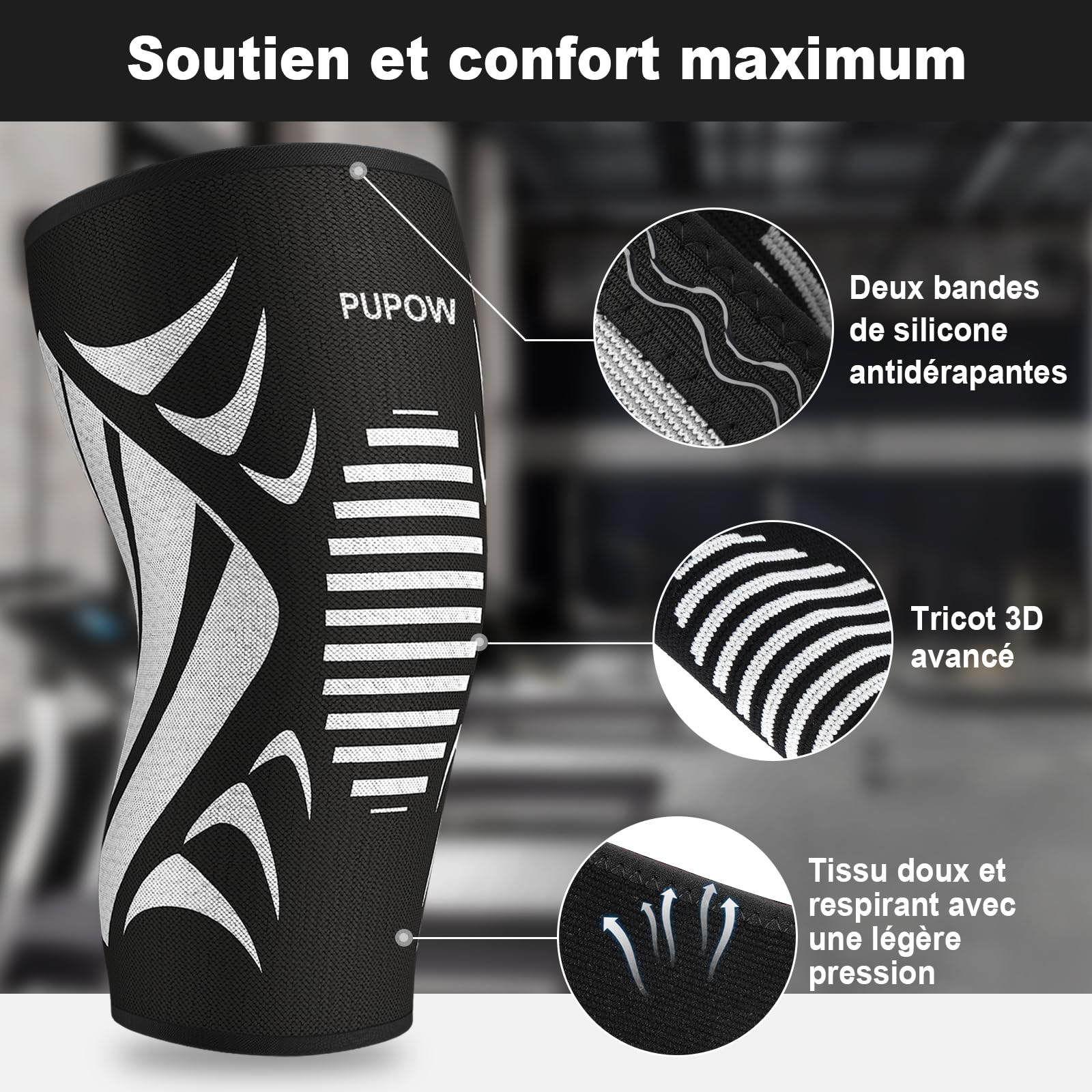 2 Pièces Genouillère Élastique Respirant, Compression Sports, Rotulienne et Ligamentaire, Arthrose Genou pour Volley-Ball, Course- L: 42-47CM