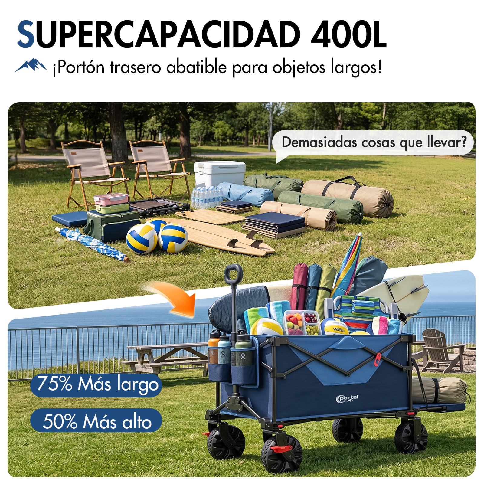 Portal Carro Playa Plegable XXL 400L – Carro Plegable de Playa con Ruedas Grandes y Portón Trasero Abatible, Capacidad 210 kg, con Freno – Vagón para Camping, Jardín y Festivales
