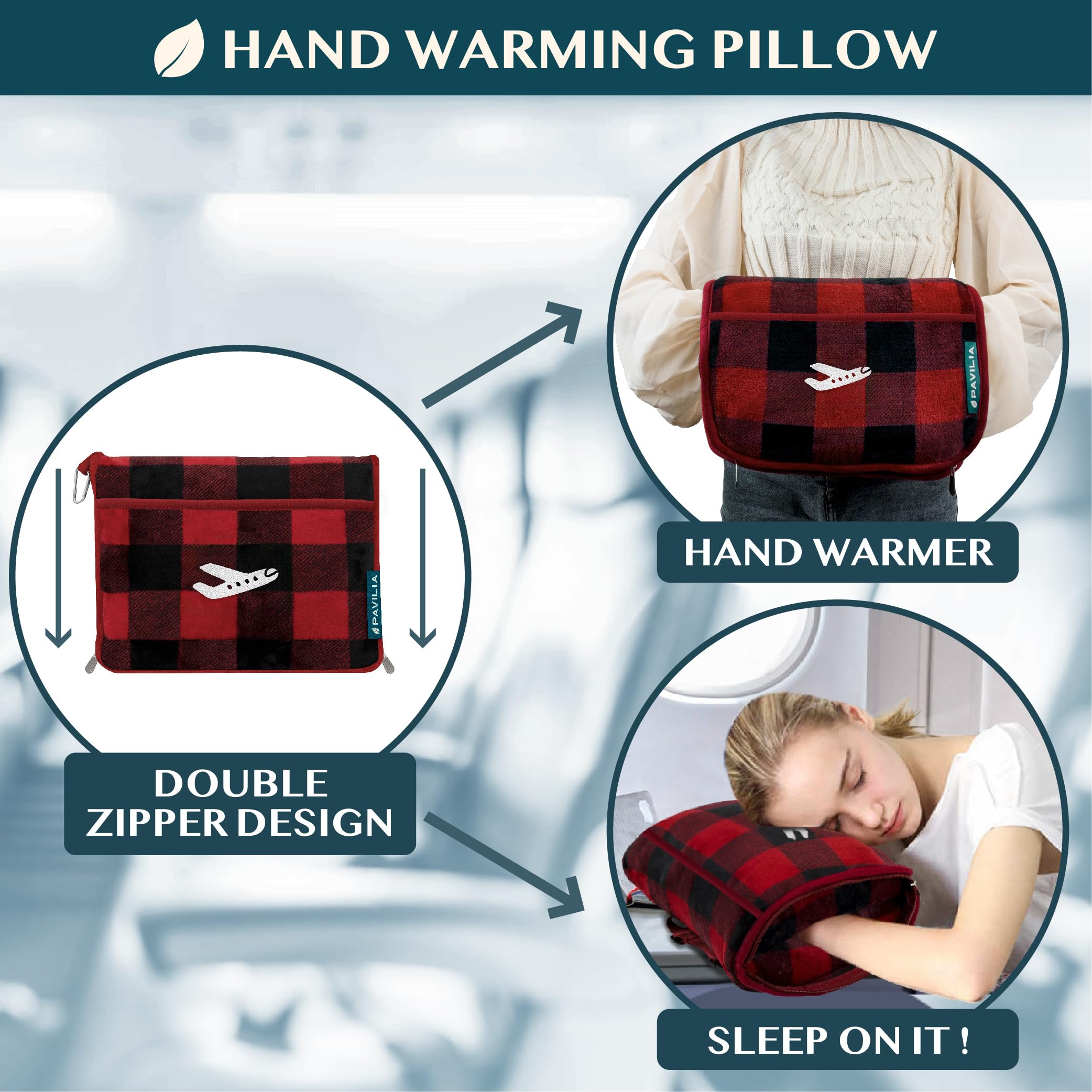 PAVILIA Coperta da viaggio, set di coperte per aeroplano in borsa morbida con tasche, coperta per aereo, compatta e pieghevole, cuscino essenziale per auto, accessori per viaggiatori, regali, cinghia