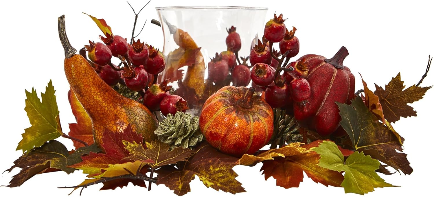 Nearly Natural Pumpkin, Gourd, Berry and Maple Leaf Artificial Arrangement Candelabrum 16 in. W x 16 in. D x 8 in. H