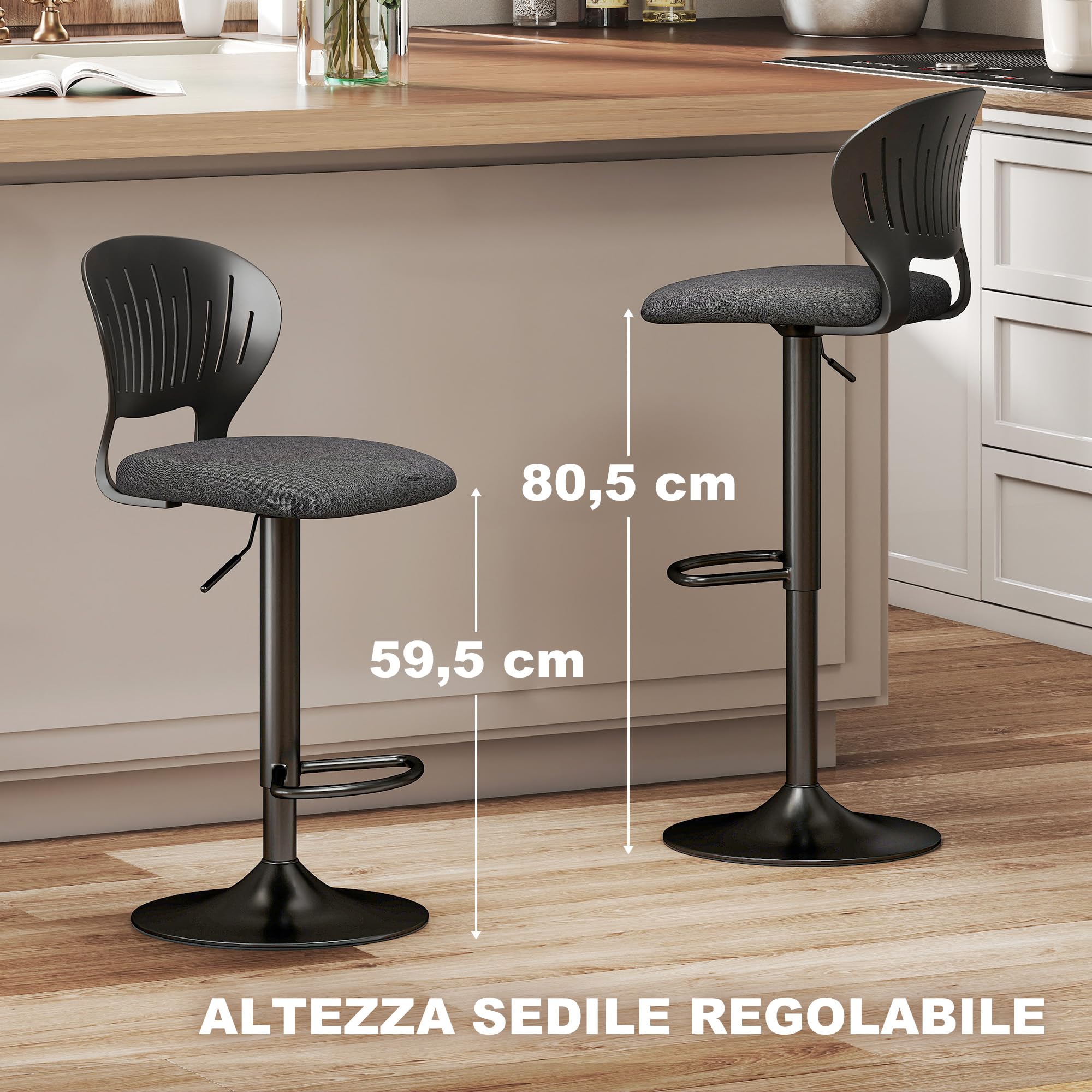 HOMCOM Lot de 2 tabourets de Bar réglables en Hauteur, tabourets de Cuisine Hauts en Tissu de Lin avec Dossier, Repose-Pieds et Assise Souple, Structure en métal, tabourets de Bar Hauts pivotant à