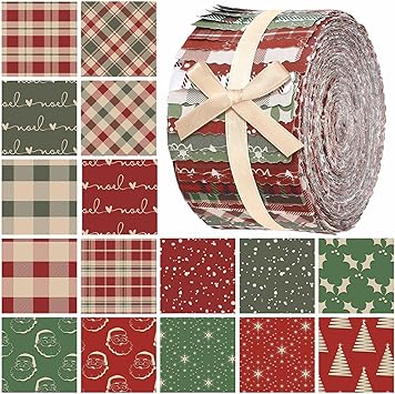 40 Pcs Vintage Plaid Christmas Quilting Fabric Roll 2.56 Inch Precut Fabric Squares Jelly Patchwork Red and Green Checked Strips Materials for Winter Xmas Holiday Craft Sewing Panels DIY