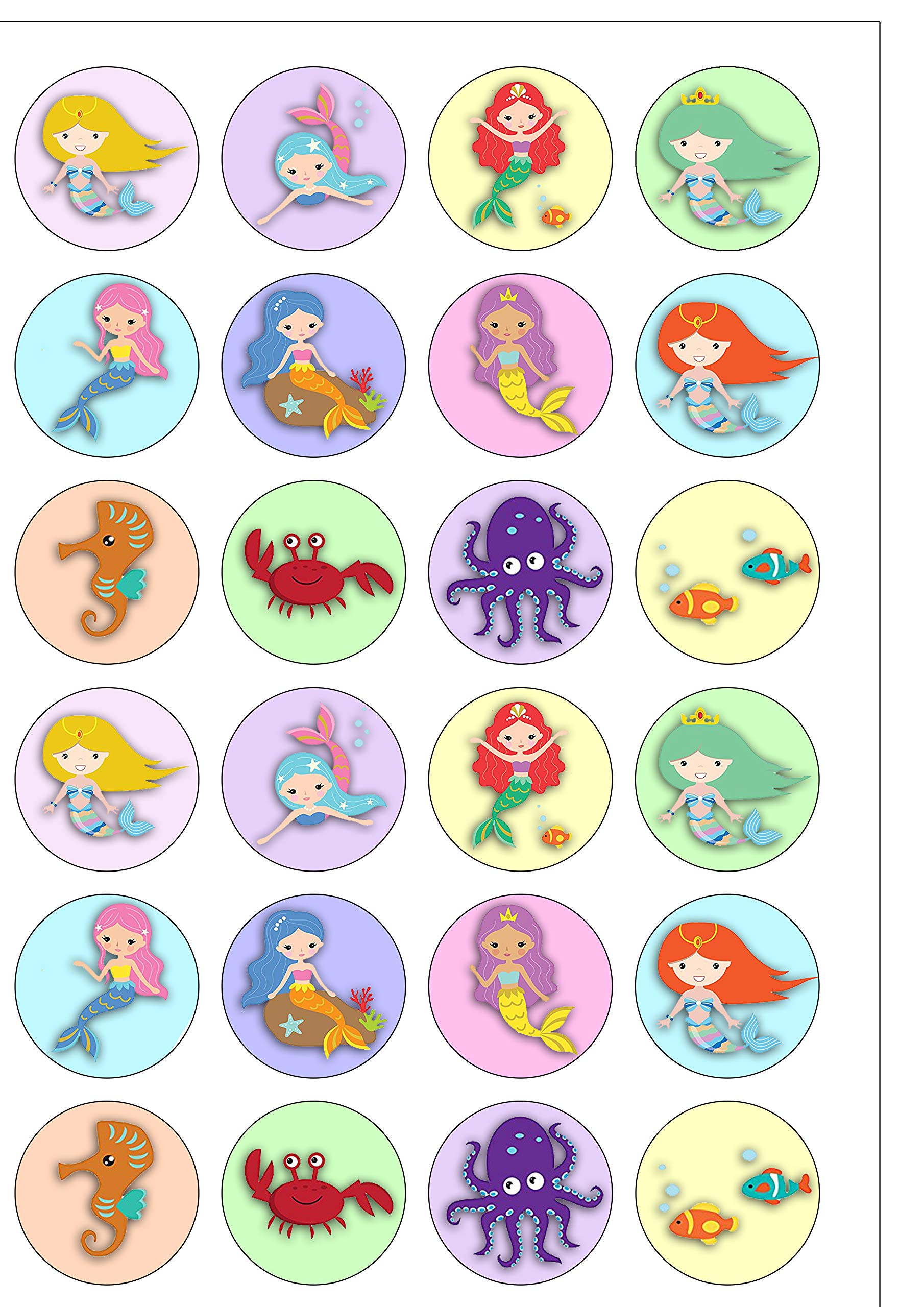 24 Precut Cute Mermaid Fairytale Underwater Edible Wafer Paper Cake Toppers Decorations - Great for Children