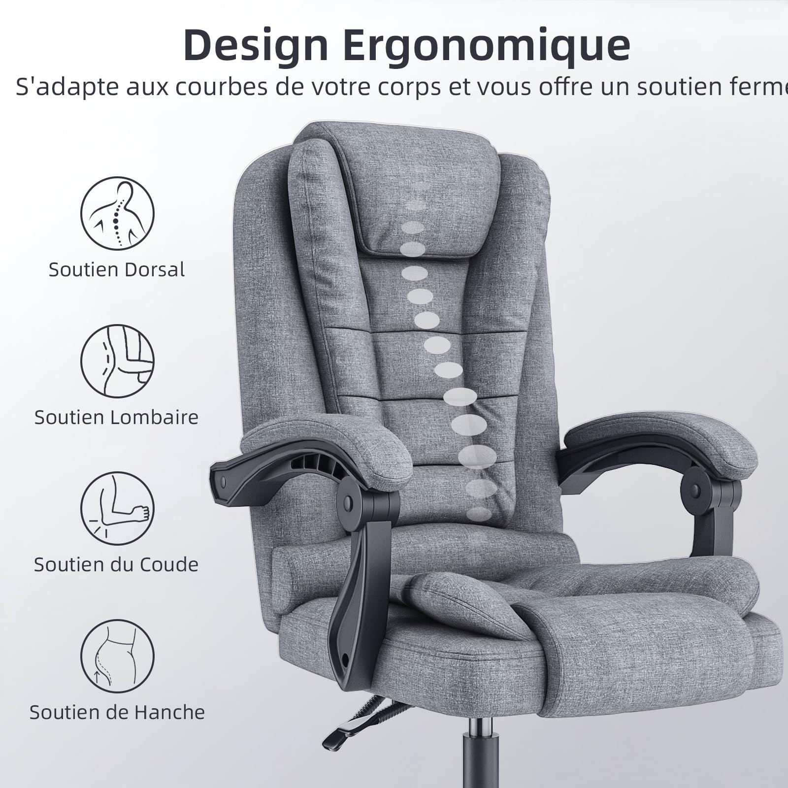 naspaluro Fauteuil Bureau, Chaise Ergonomique avec Large Assise Rembourrée, Siège de Bureau Inclinable Hauteur Réglable, Roulette Silencieuse, Coton et Lin, Gris