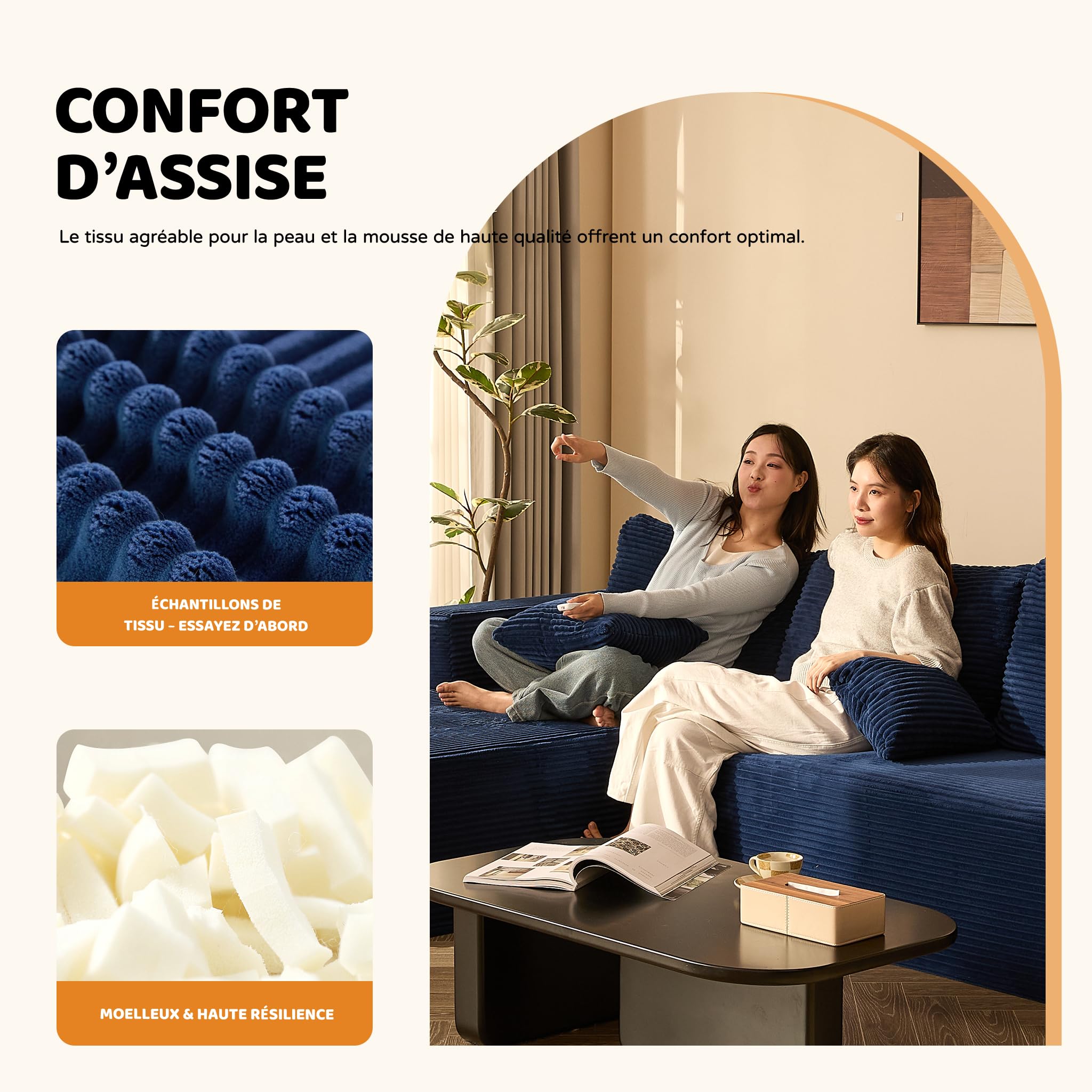 Canapé d’Angle modulable en L avec Fonction lit – Grand canapé Convertible rembourré en Tissu côtelé – Canapé-lit Confortable pour Salon,Bleu Marine | Méridienne Gauche, Assise Profonde, Sans Montage, Mousse Haute Densité, Soutien Stable