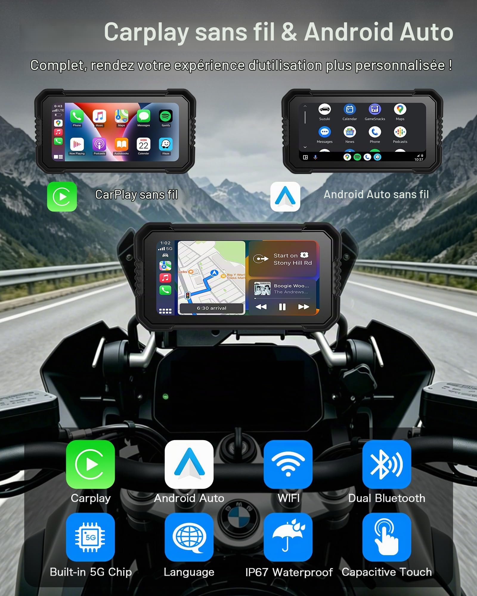 Installation Rapide Écran Carplay pour Motos BMW Écran Tactile 6,25 Pouces | Compatible avec CarPlay et Android Auto Entièrement étanche, Navigation GPS, Double Bluetooth, Plug-and-Play