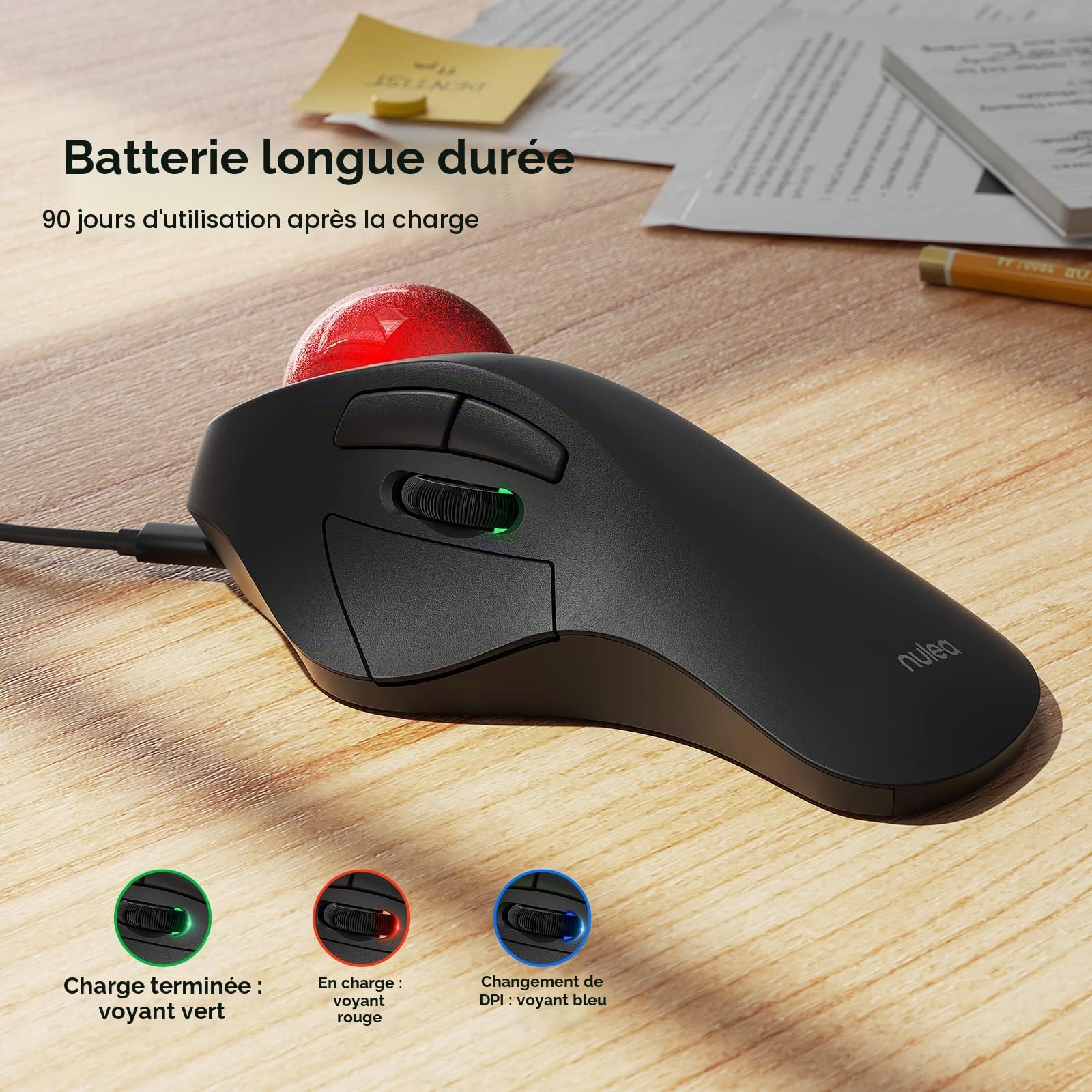 Nulea Souris Trackball sans Fil, Design Ergonomique Rechargeable, contrôle de l'index avec 5 DPI réglables, Connexion à 3 appareils (Bluetooth ou USB)