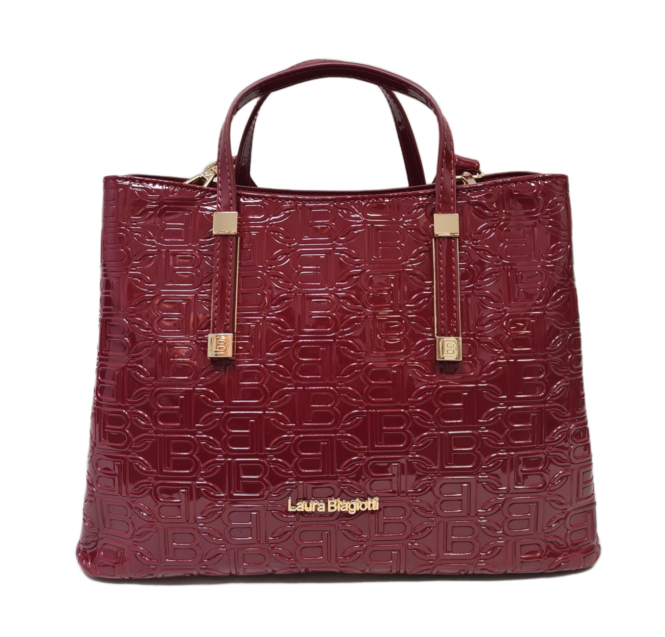 Laura Biagiotti Borsa Donna Linea Arcade, Pelle Sintetica Verniciata, Stampa LB, Manici Doppi e Tracolla Rimovibile, Dimensioni 30x12x22 cm, Accessori Oro ART.LB25W-250-1