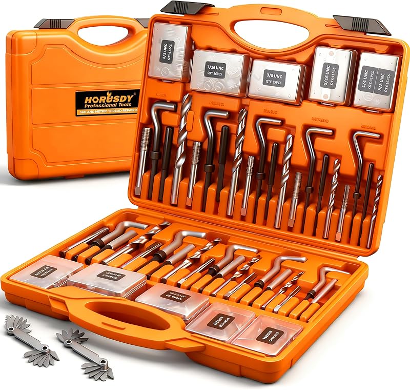 HORUSDY Kit de reparación de roscas de 348 piezas, juego de helicoil métrico y SAE con brocas HSS, insertos de rosca, grifos y herramientas de instalación, para rosca dañada, motor, bujía y reparación de automóviles