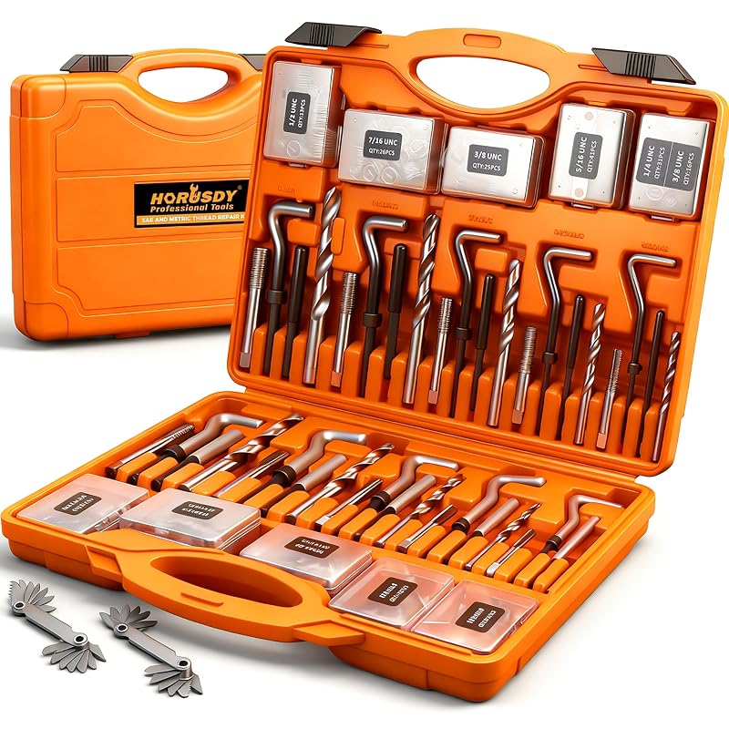 Kit de Reparo de Roscas HORUSDY com 348 Peças, Métrico e SAE, com Brocas HSS, Machos, Insertos e Ferramentas de Instalação