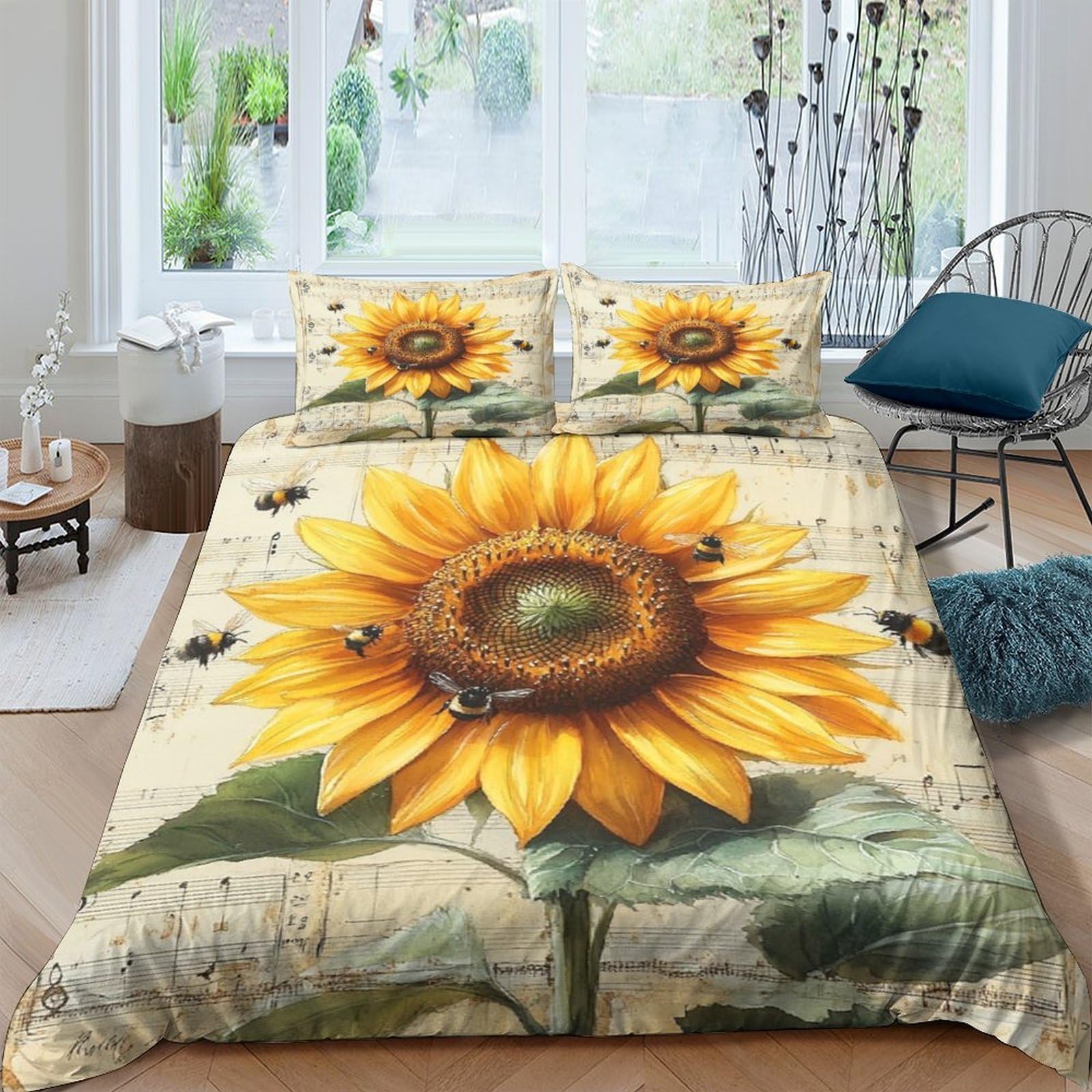 Ctjqhvkz Style-5 3D Printed Sunflower Bee Fitted Sheet Microfiber Soft Breathable Yellow Floral Bed Cover For Bedroom Guest Room Decor Single（135X200cm）