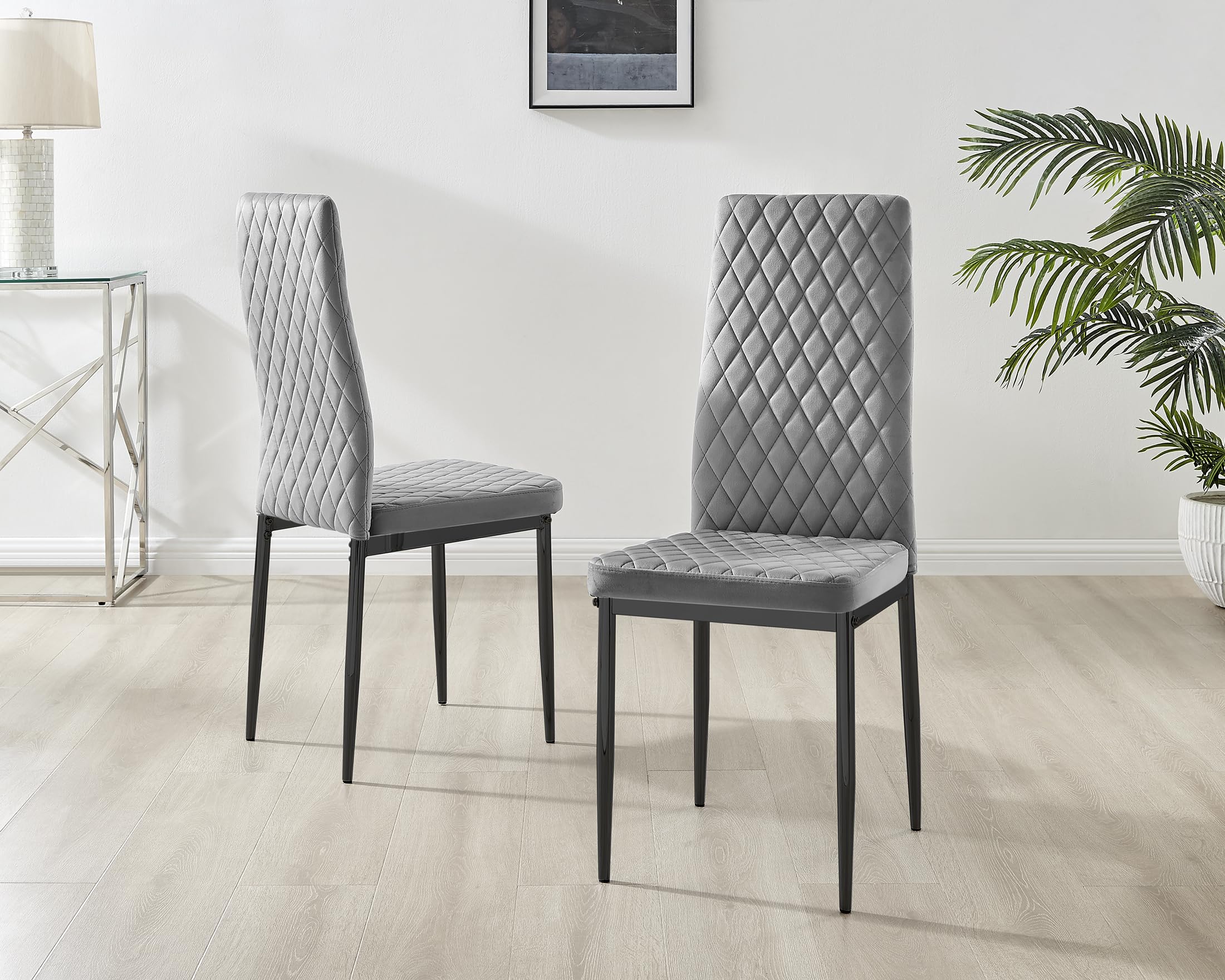 Furniturebox UK Set of 6 Milan Dining Chair - Premium Dining Room Chairs - Contemporary & Luxurious Hatched Diamond Velvet Dining Seats (6x Grey Velvet with Black Legs)