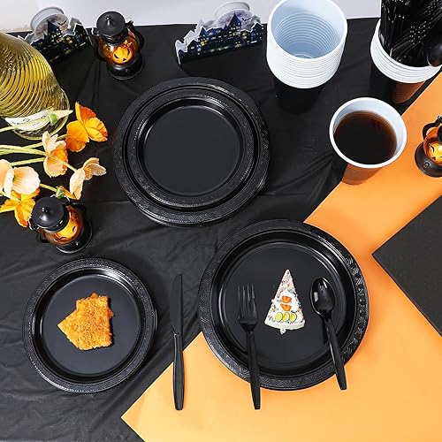 Miniatura 4 de Juego de vajilla desechable negra de 212 piezas, suministros para fiesta, 30 platos de plástico negro, utensilios y servilletas negras de 12 onzas,