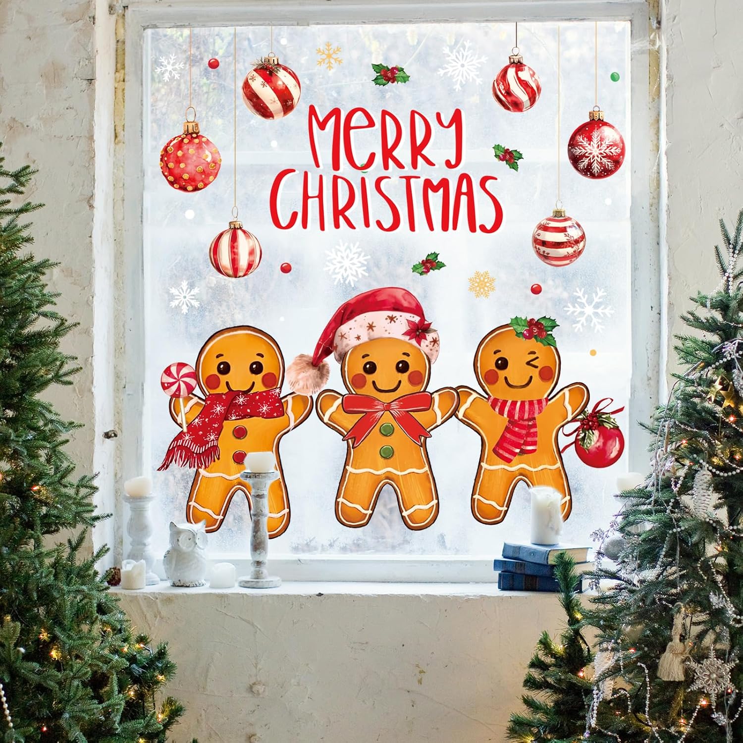 Whaline 6枚 メリークリスマス ウィンドウ クリング ウィンドウ デカール ジンジャーブレッドマン クリスマス ボール スノ
