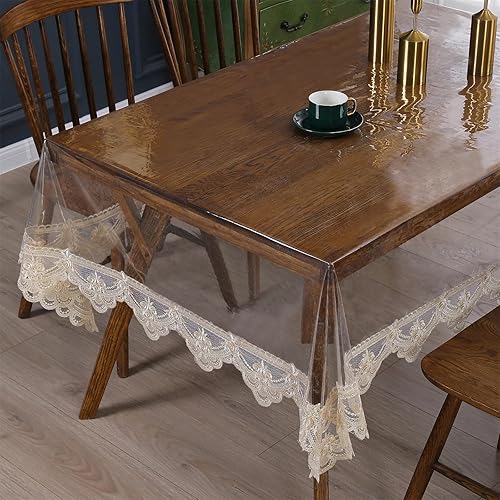 Miniatura 6 de Mantel rectangular de plástico transparente, de vinilo, impermeable, bordado, borde de encaje, para comedor, cocina al aire libre (60 x 118
