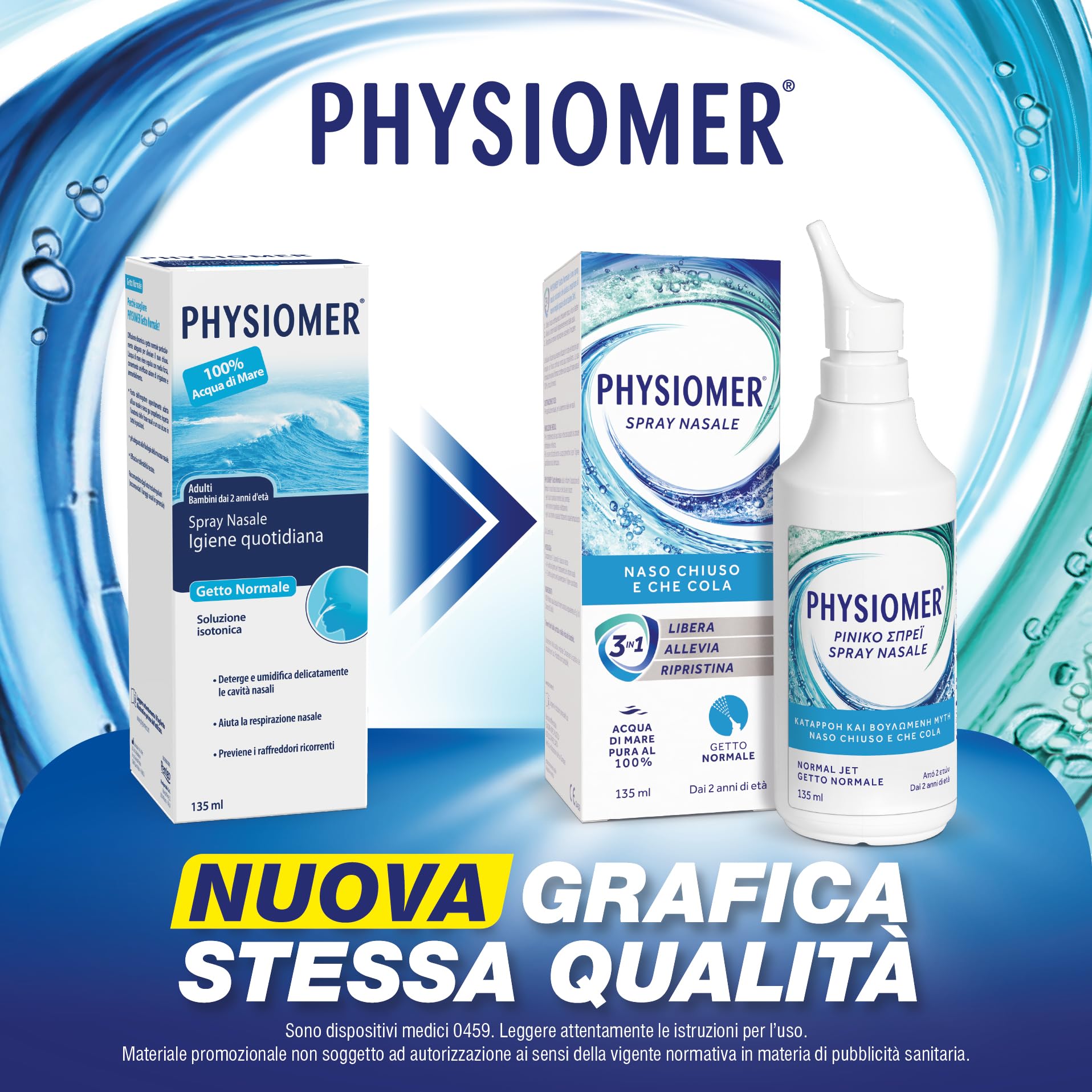 Physiomer® Getto Normale Spray Nasale 135 ml - Naso chiuso e che cola - 3in1: Libera │ Allevia│ Ripristina - Acqua di mare pura al 100%│ Dai 2 anni di età